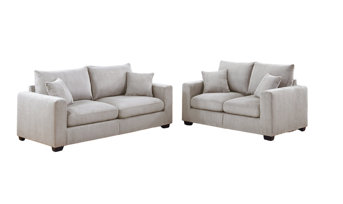 Classic Living Room 2Pc Sofa Set Ivory Corduroy Sofa And Loveseat W Pillows Square Arms Plush Couch Ivory Primary Living Space Cushion Back Classic,Contemporary,Modern Rubberwood Square Arms Corduroy 4 Seat