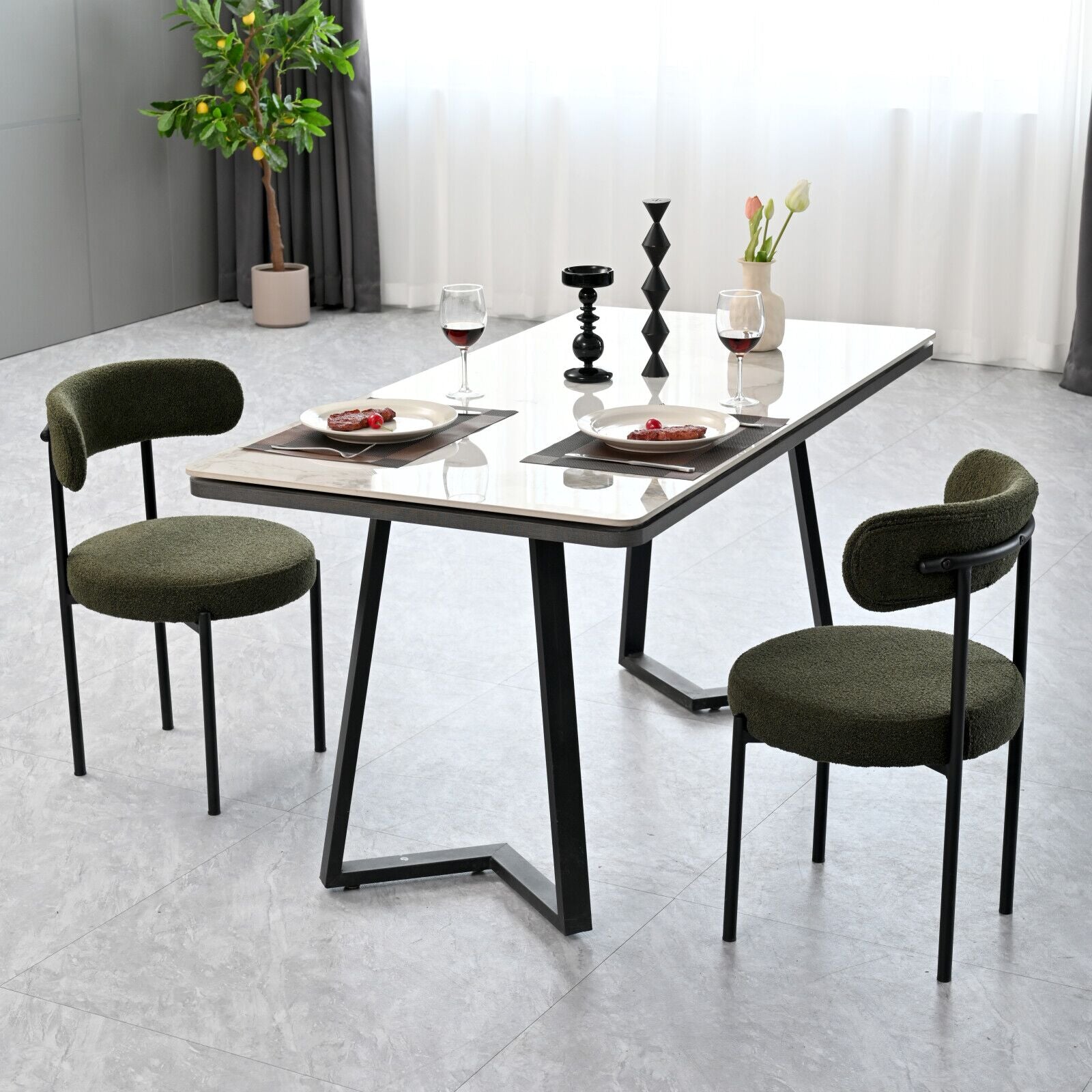 Green Boucle Dining Chairs Set Of 2,Mid Century Modern Curved Backrest Chair,Round Upholstered Kitchen Chairs Metal Green Dining Room Round Modern Dining Chairs Velvet