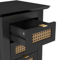3 Pieces Bedroom Sets Queen Size Wooden Platform Bed With Natural Rattan Headboard, Nightstands Set Of 2 With Rattan Woven Surfaces And Three Drawers For Bedroom, Black Black Particle Board