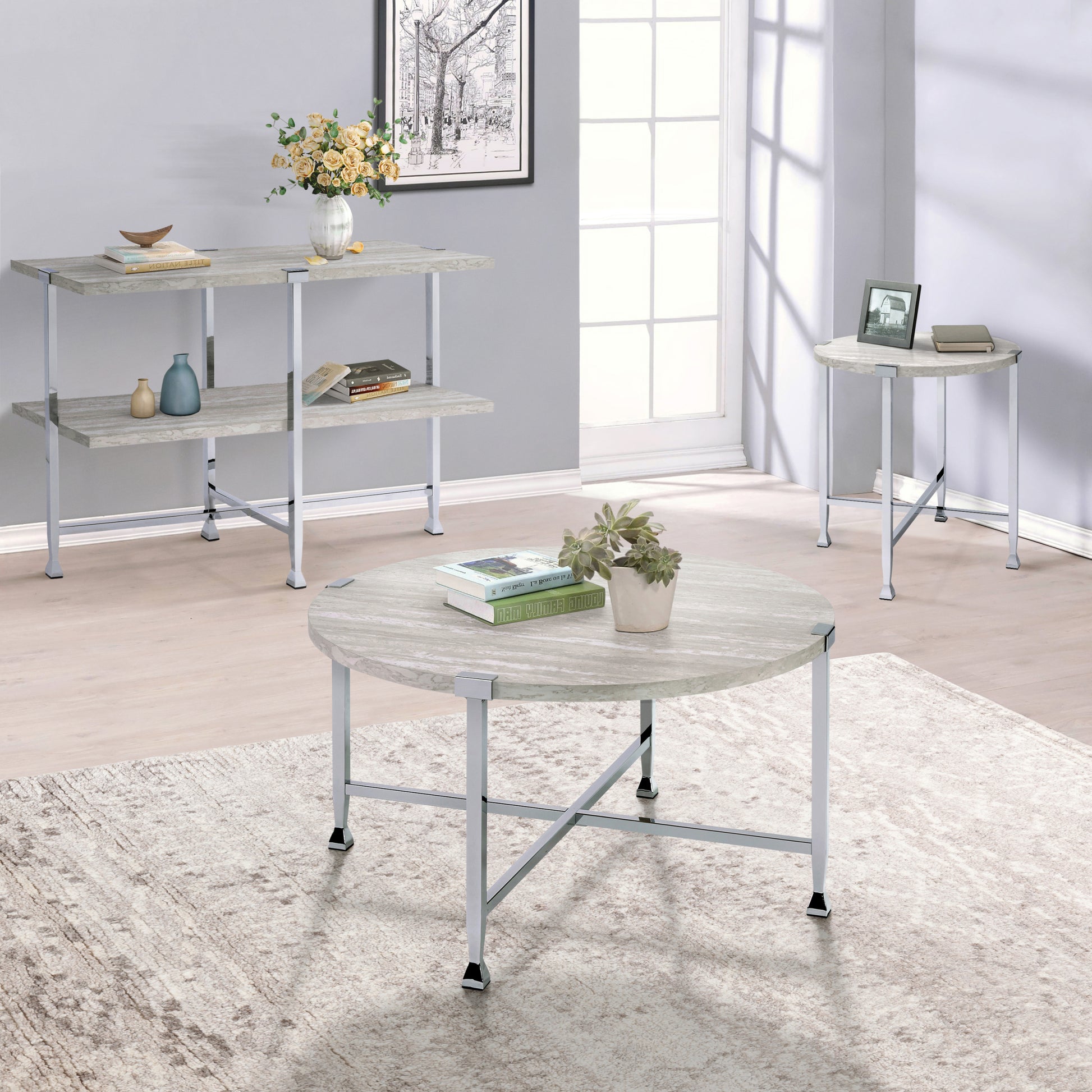 White Oak And Chrome Round Coffee Table Oak Silver Primary Living Space Industrial Round Wood Metal