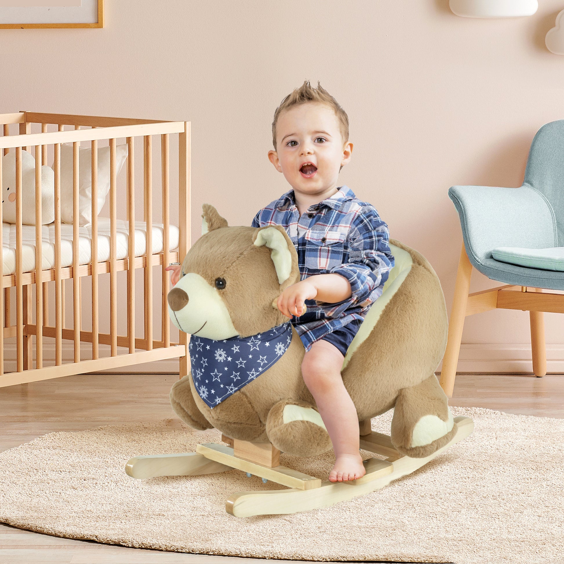 Qaba Baby Rocking Horse With Lullaby, Riding Horse, Bear Themed Plush Animal Rocker With Pedals For Ages 18 36 Months Brown Wood