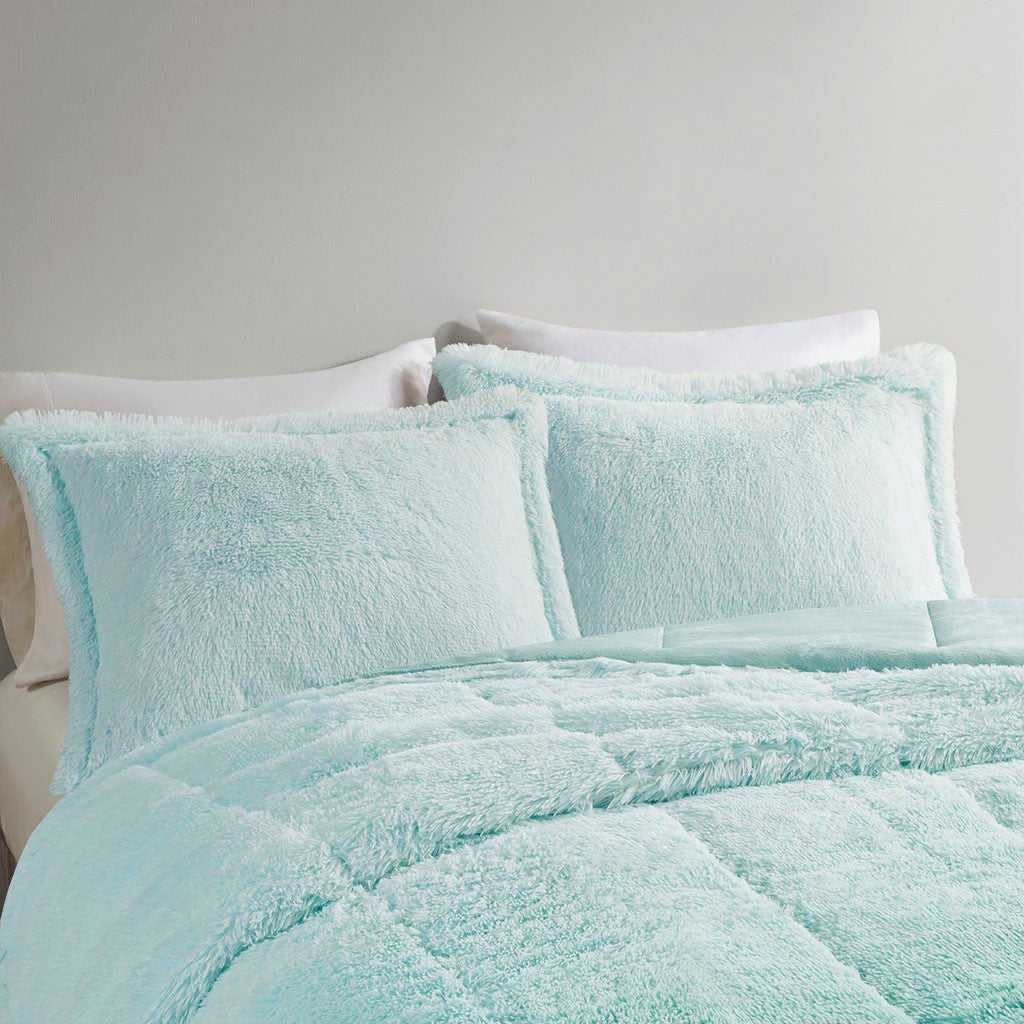 Ombre Shaggy Long Fur Comforter Mini Set Full Aqua Polyester