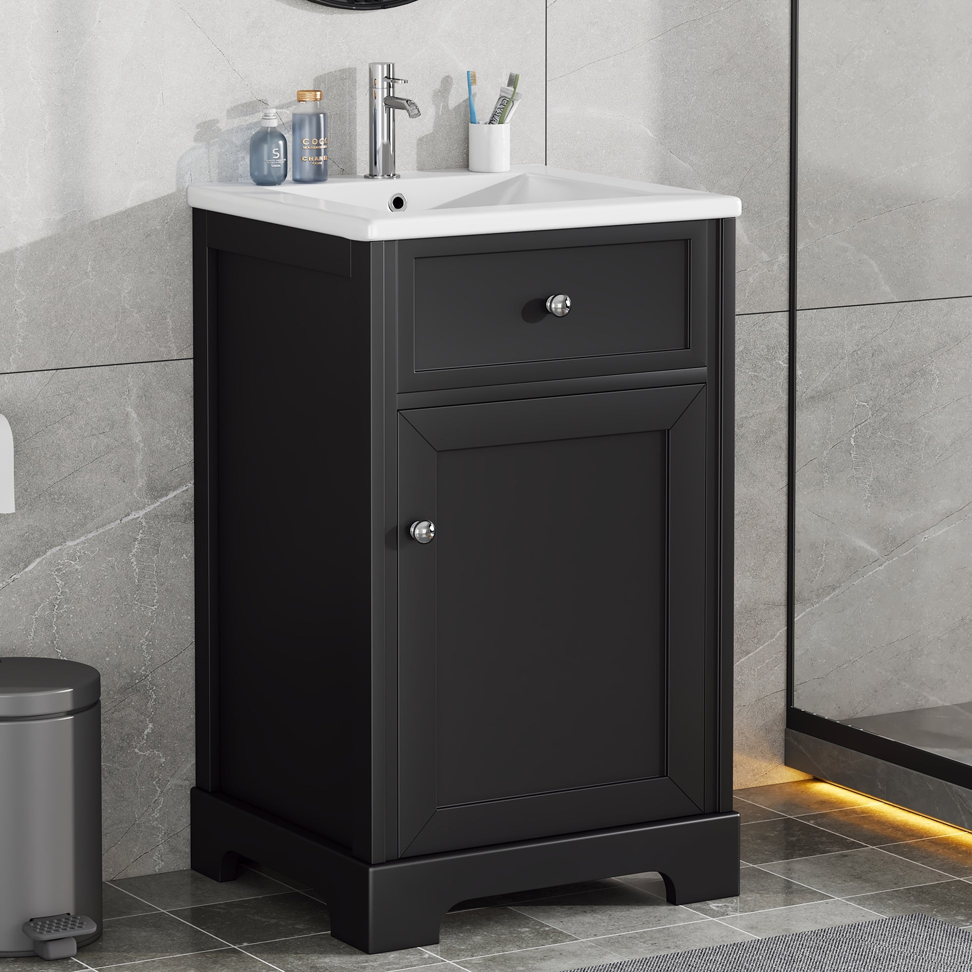 20" Bathroom Vanity With Sink, Bathroom Cabinet With Soft Closing Door, Storage Rack And Adjustable Shelve, Black Black Mdf