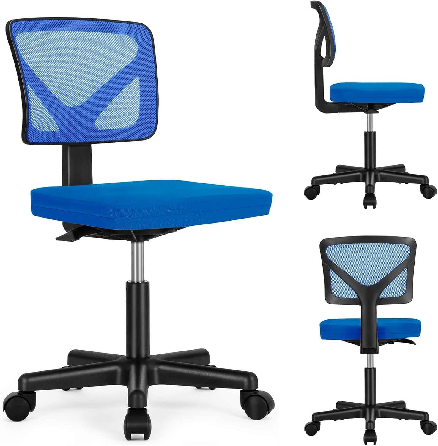 Low Back Mesh Armless Office Chair,Swivel Rolling Computer Chair No Arms With Lumbar Support, Blue Blue Metal