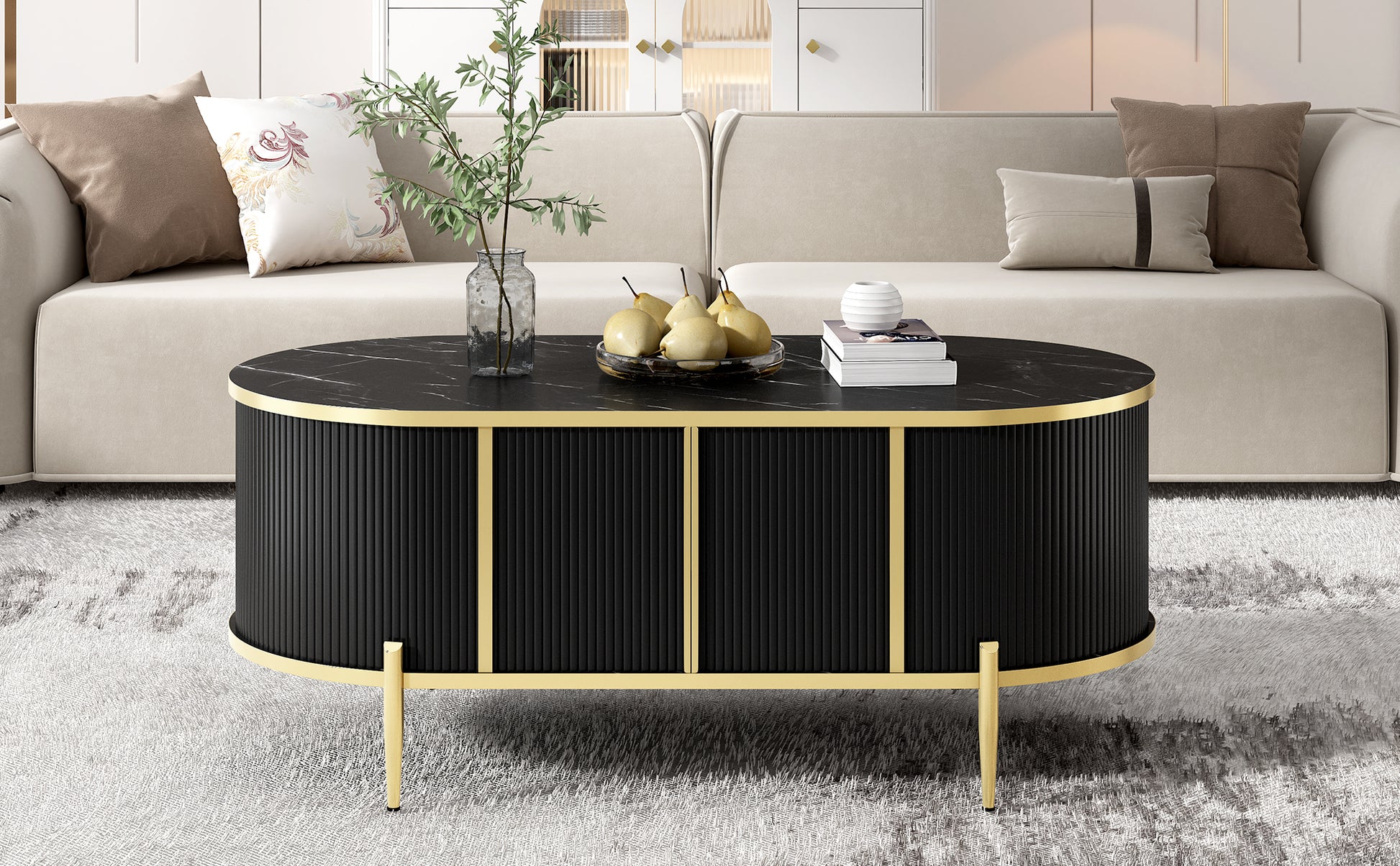 Modern Luxury Oval Shaped Fluted Coffee Table, Marble Patterned Top Coffee Table With 2 Cabinets, Metal Legs And Handles For Living Room, Black Date Of Expected Arrival: 11.20 Black Mdf