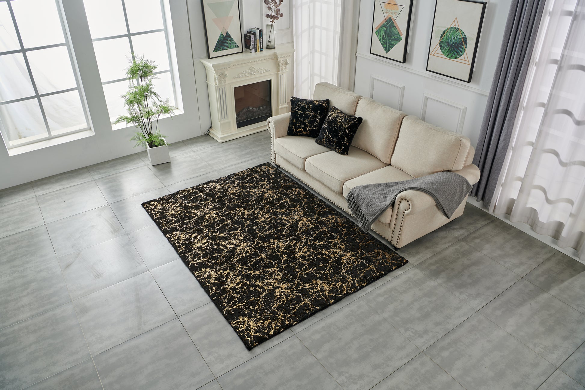 Luxury Machine Washable Black Abstract Gold Gilded Chinchilla Faux Fur Area Rug Black Gold Polyester