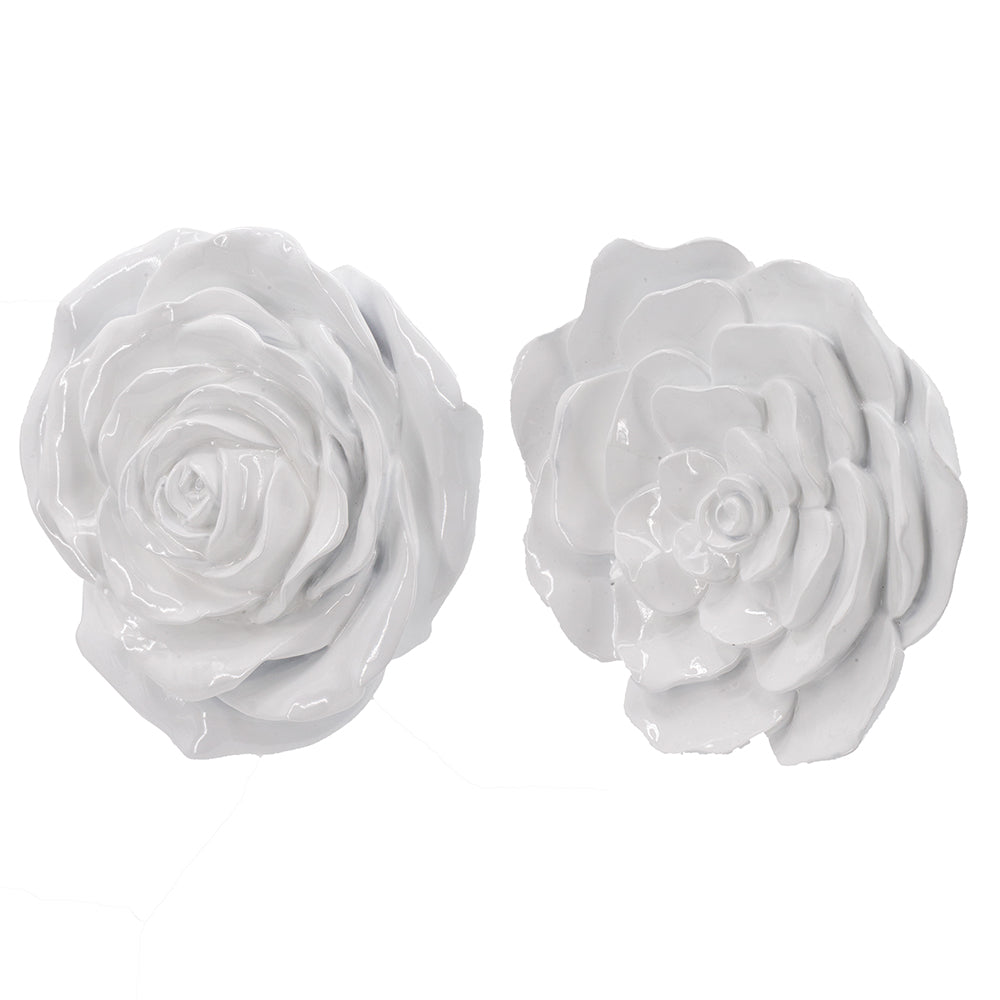 S 2 White Rose Hanging Wall Accents White Resin