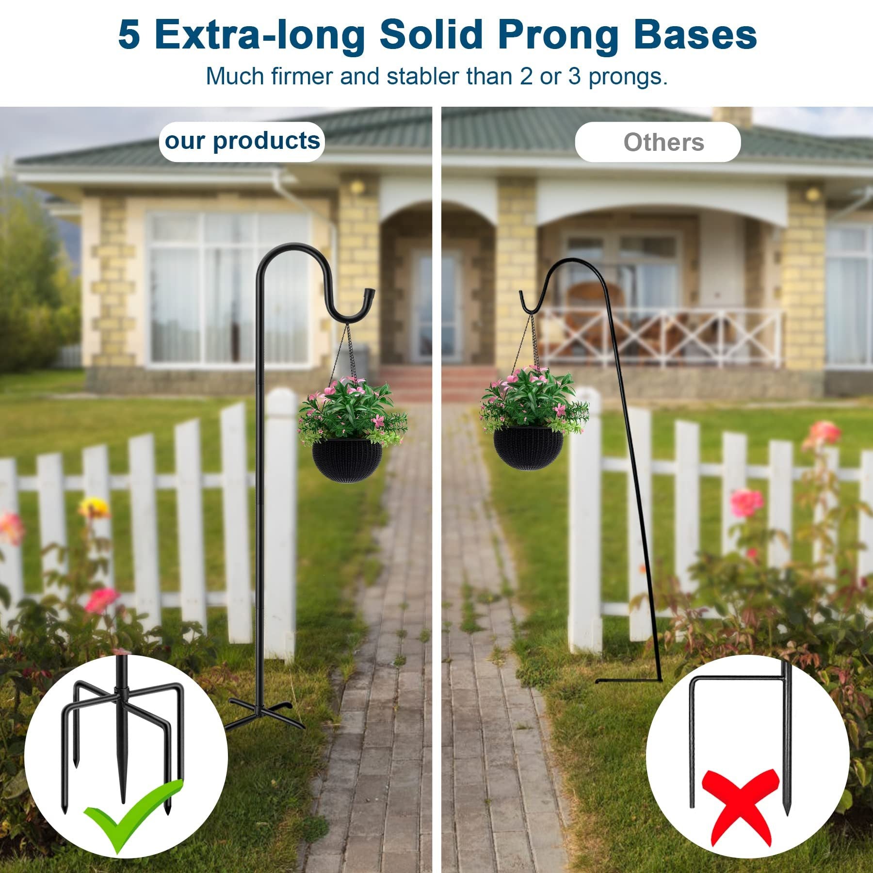 60" Shepherds Hooks For Outdoor, Heavy Duty Bird Feeder Pole For Hummingbird Feeder, Hanging Lantern, Shepherds Hook For Bird Feeders For Outside With 5 Prongs Base,1 Packs Black Metal