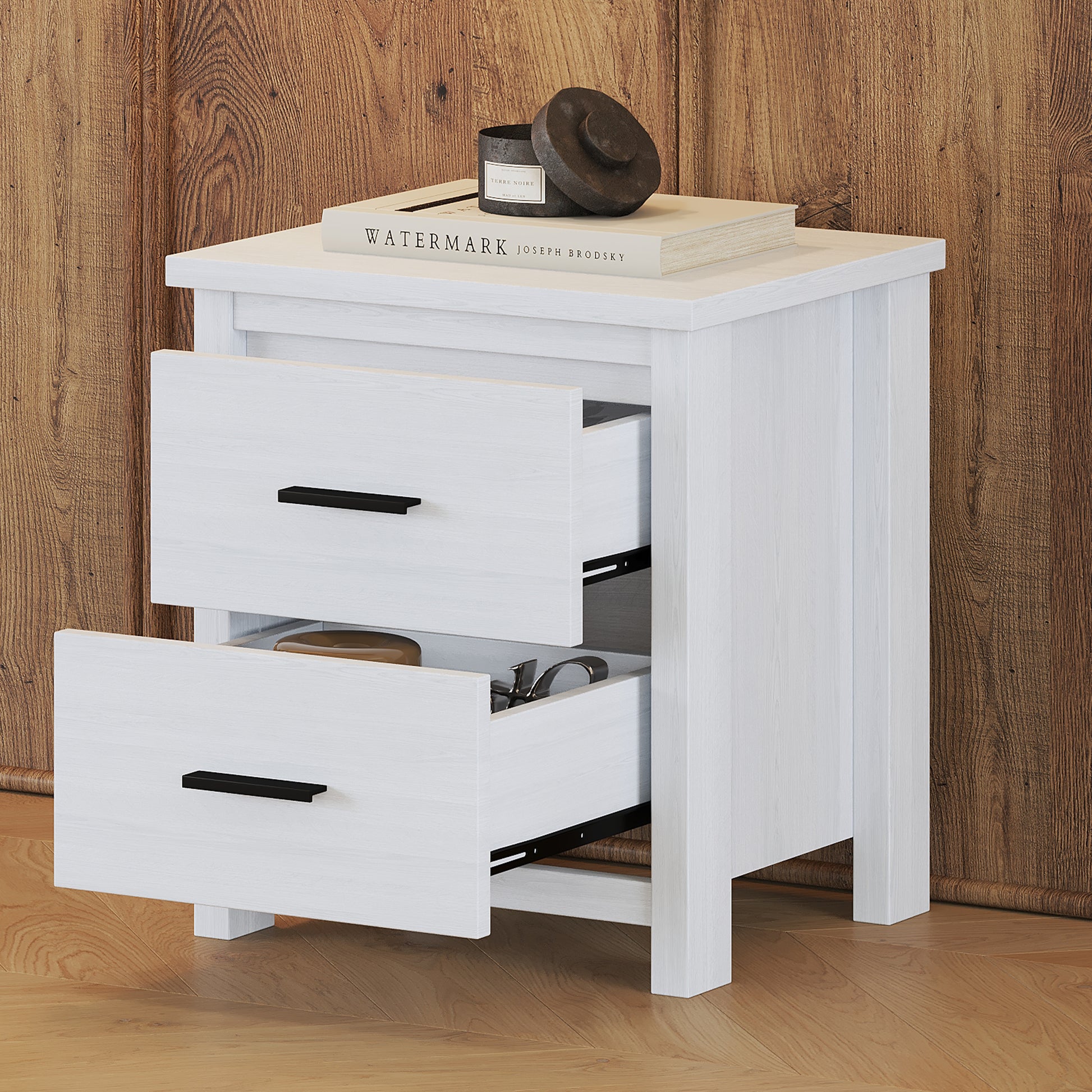 Vintage Two Drawer Wooden Nightstand, Simple And Generous, Large Storage Space,White White Particle Board Mdf
