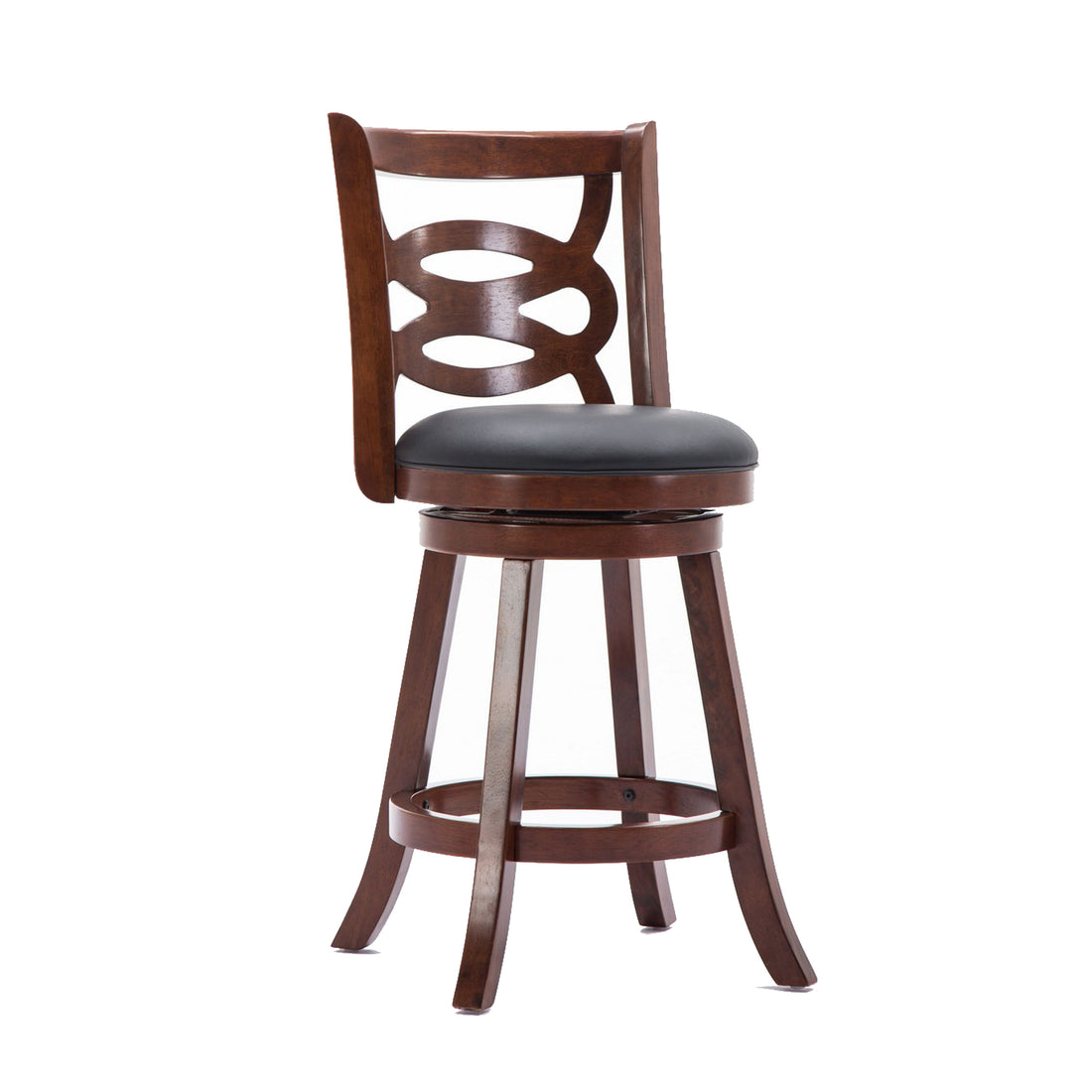 24 Inches Swivel Wooden Counter Stool With Geometric Back, Brown Brown Wood Fabric