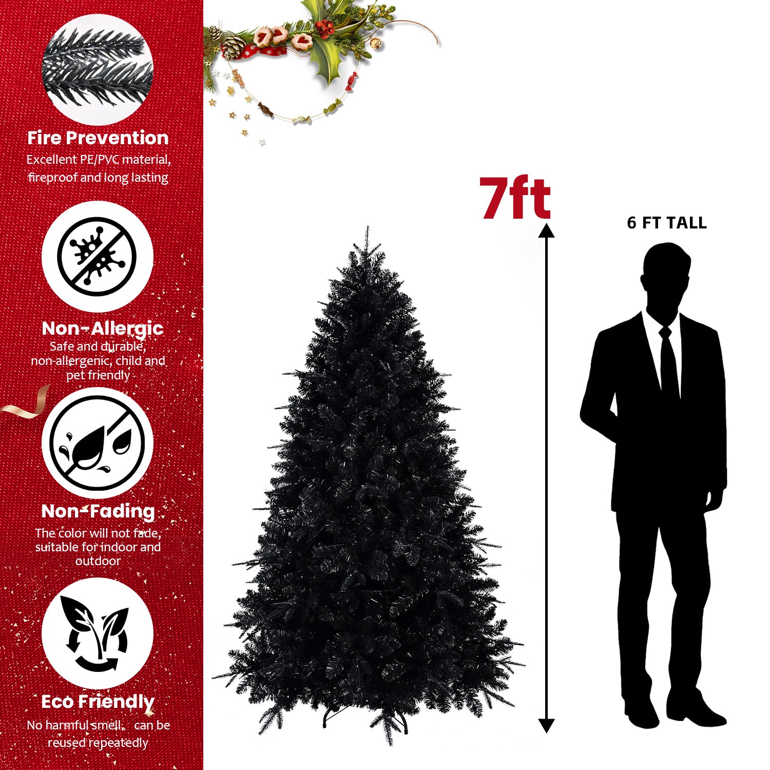 9Ft Pre Lit Black Christmas Tree, Full Halloween Xmas Artificial Tree 3176 Branch Tips, 750 Lights, Metal Hinges, Foldable Base, Holiday Decoration Black Black Polyethylene