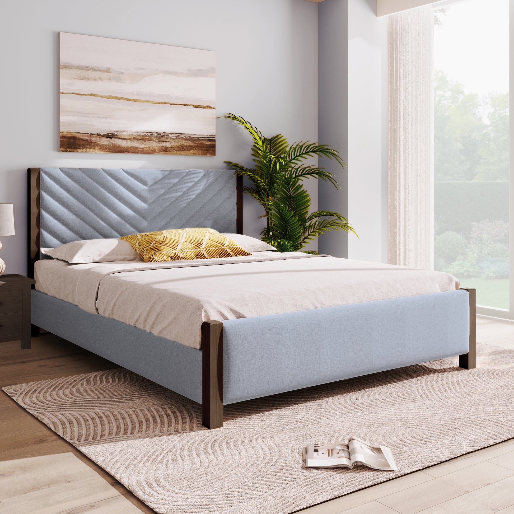 Modern Mid Century Queen Upholstered Platform Bed Frame With Tufted Headboard And Solid Wood Legs,No Box Spring Needed,Gray Box Spring Not Required Queen Gray Wood Bedroom Mid Century Modern,Modern Bed Frame Linen Wood