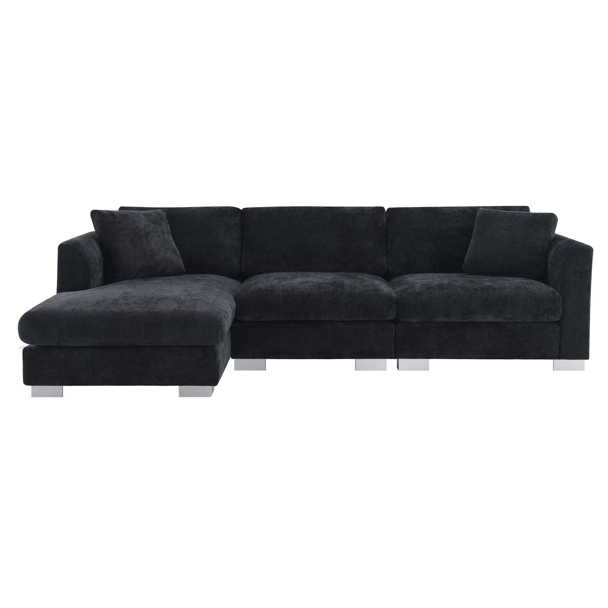 96*56" Modern Cloud Sectional Sofa,L Shaped Luxury Couch Set With 2 Free Pillows,4 Seat Chenille Indoor Furniture With Oversized Chaise For Living Room,Apartment,Office,3 Colors Black Chenille 4