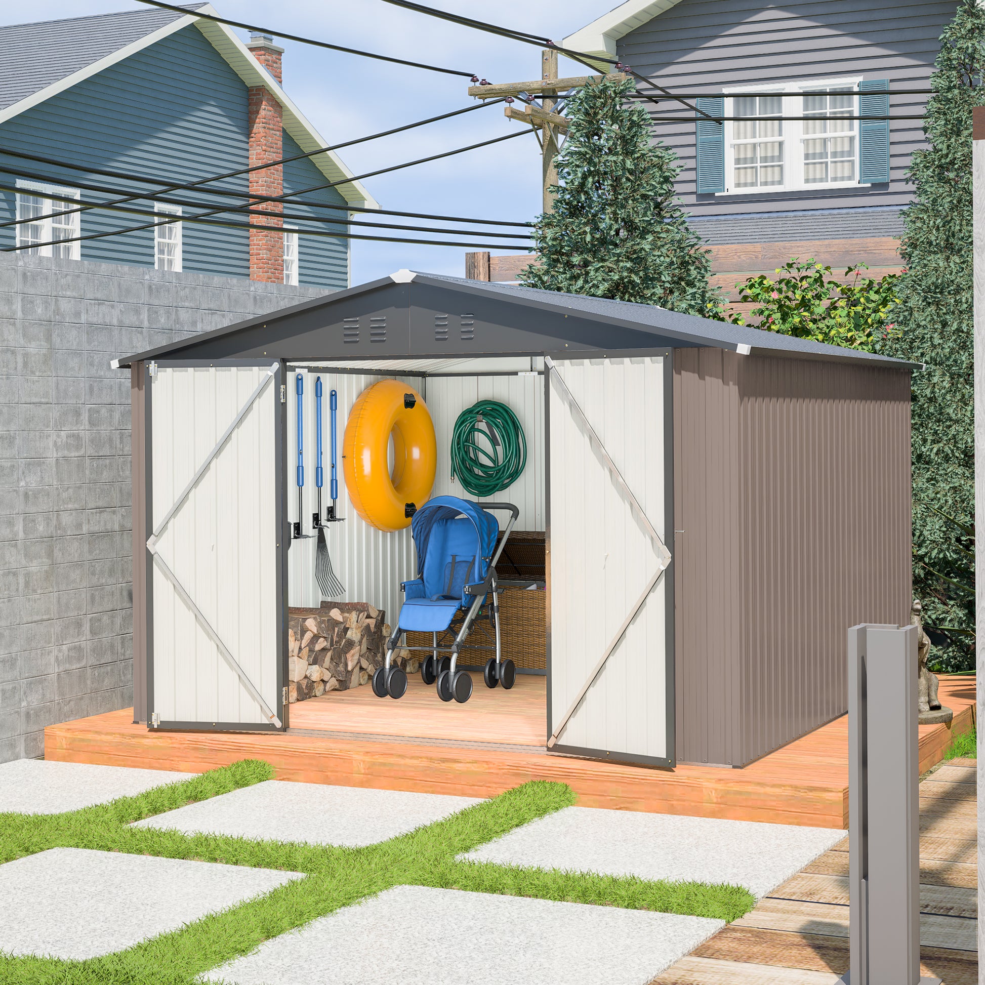 10' X 10' Metal Storage Shed For Ourdoor, Steel Yard Shed With Design Of Lockable Doors, Utility And Tool Storage For Garden, Backyard, Patio, Outside Use Brown Metal