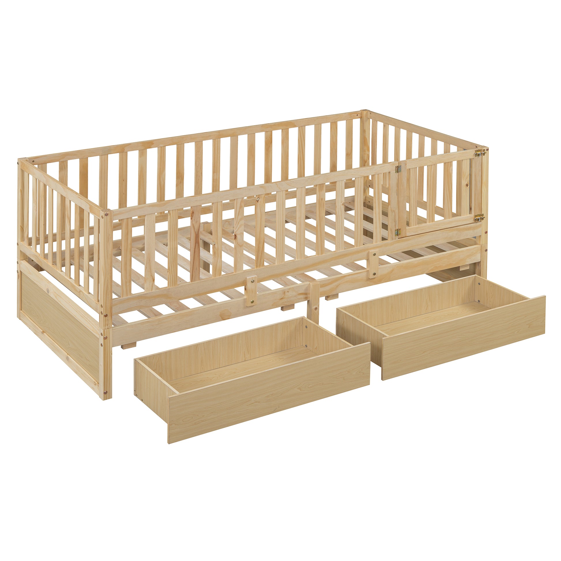 Twin Size Wood Daybed With Fence Guardrails And 2 Drawers, Split Into Independent Floor Bed & Daybed, Natural Old Sku :Lp000881Aan Twin Natural Solid Wood Mdf