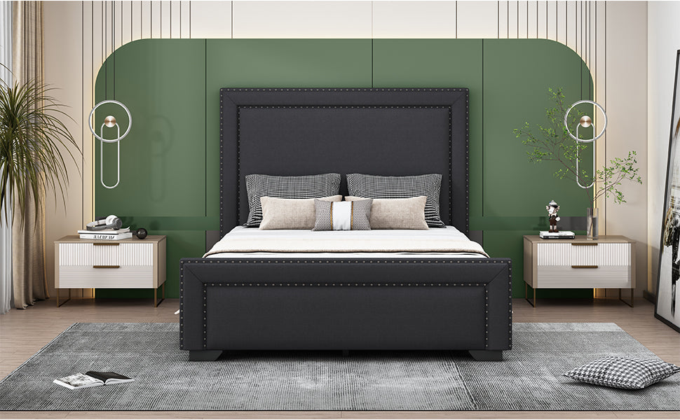 Queen Size Upholstered Bed ,Modern Upholstered Bed With Wooden Slats Support, No Box Spring Needed, Easy Assembly, Black Box Spring Not Required Queen Black Plywood