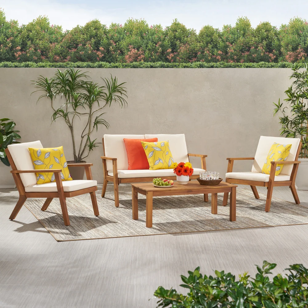 Temecula Outdoor Acacia Wood 4 Seater Chat Set Loveseat&Coffee Table&2 Club Chairs Brown Patina Finish Cream Cushion Yes Complete Patio Set Natural Cream Seats 4 Weather Resistant Frame Water Resistant Cushion Garden & Outdoor Acacia Wood