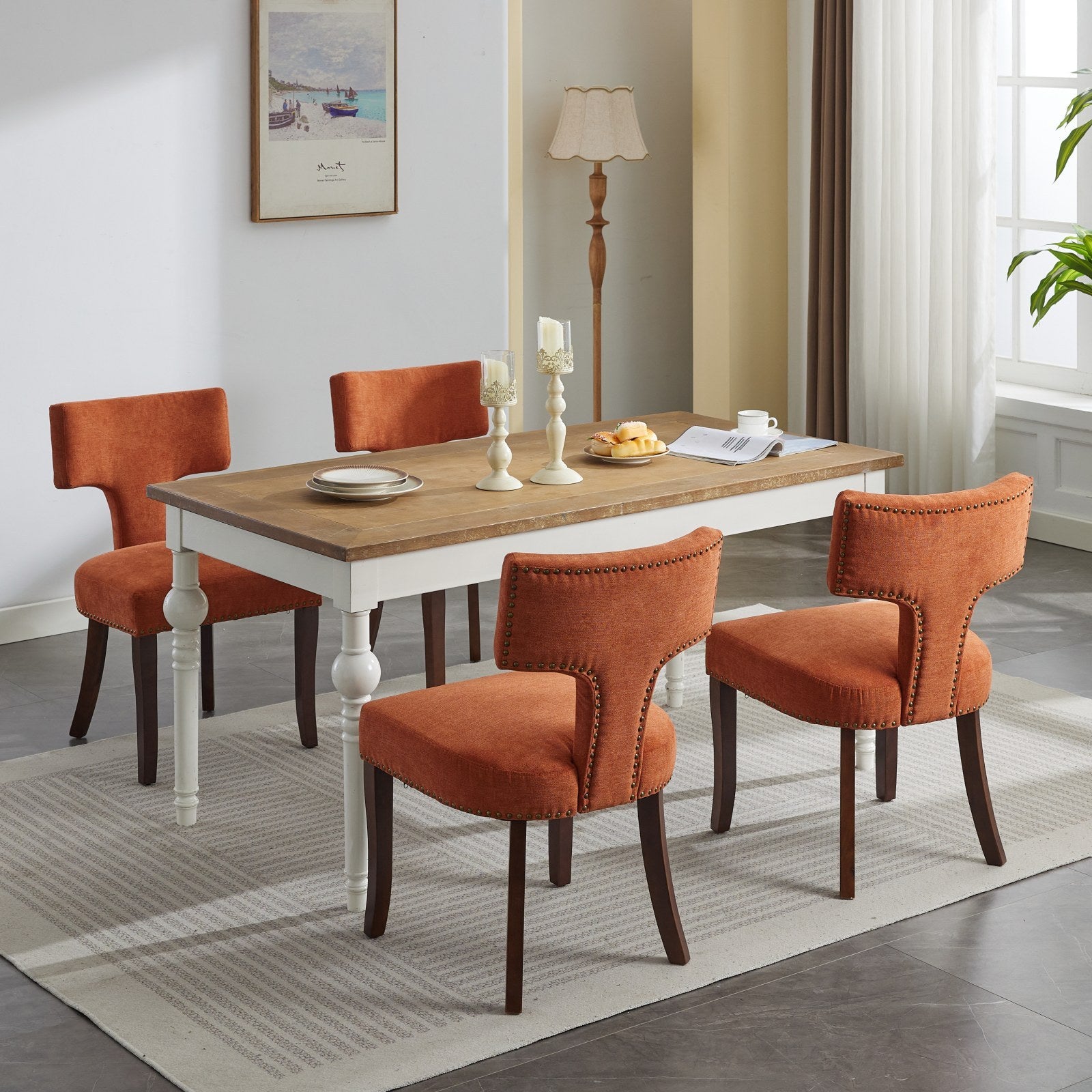 Mid Century Modern Dining Chairs Set Of 2, Farmhouse Linen Fabric Upholstered Accent Chair Curved Backrest With Copper Nails Around,Kitchen Chairs With Hardwood Frame, Orange Orange Classic Set Of 2 Foam Upholstered