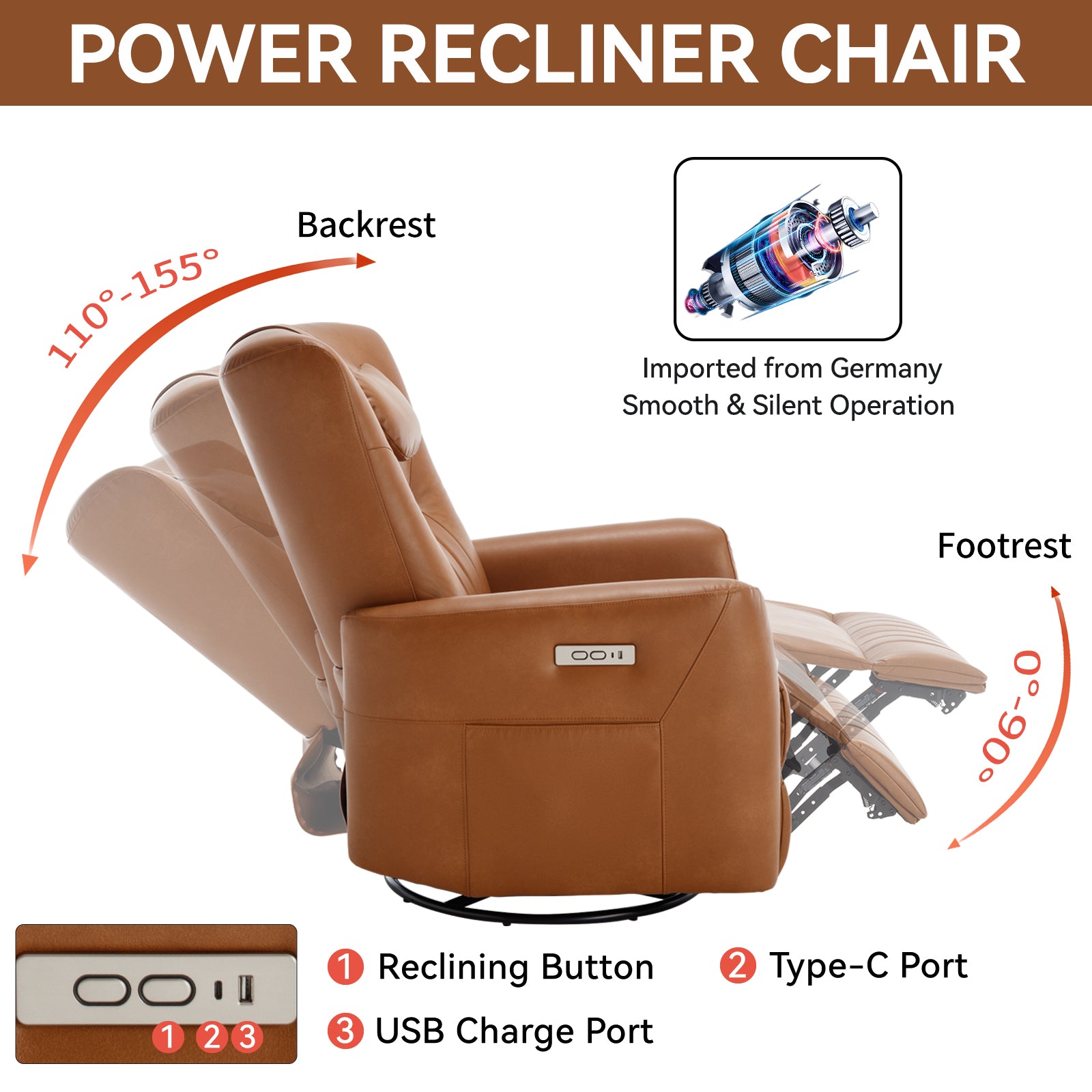 Yellow Brown Leatheraire Swivel And Rocker Power Recliner Chair With Lumbar And Neck Support Pillow, Heavy Duty Motion Mechanism With Usb And Type C Yellow Brown Faux Leather Power Push Button Metal Primary Living Space Medium Firm Tight Back Heavy Duty