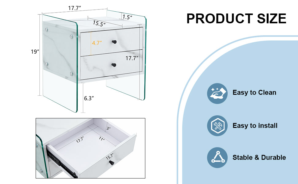 Double Drawer Bedside Table. The Board Surface Is Mdf Sticker, And Both Sides Are Transparent Tempered Glass. The Design Is Simple And Elegant, With Excellent Storage Functions. White Mdf