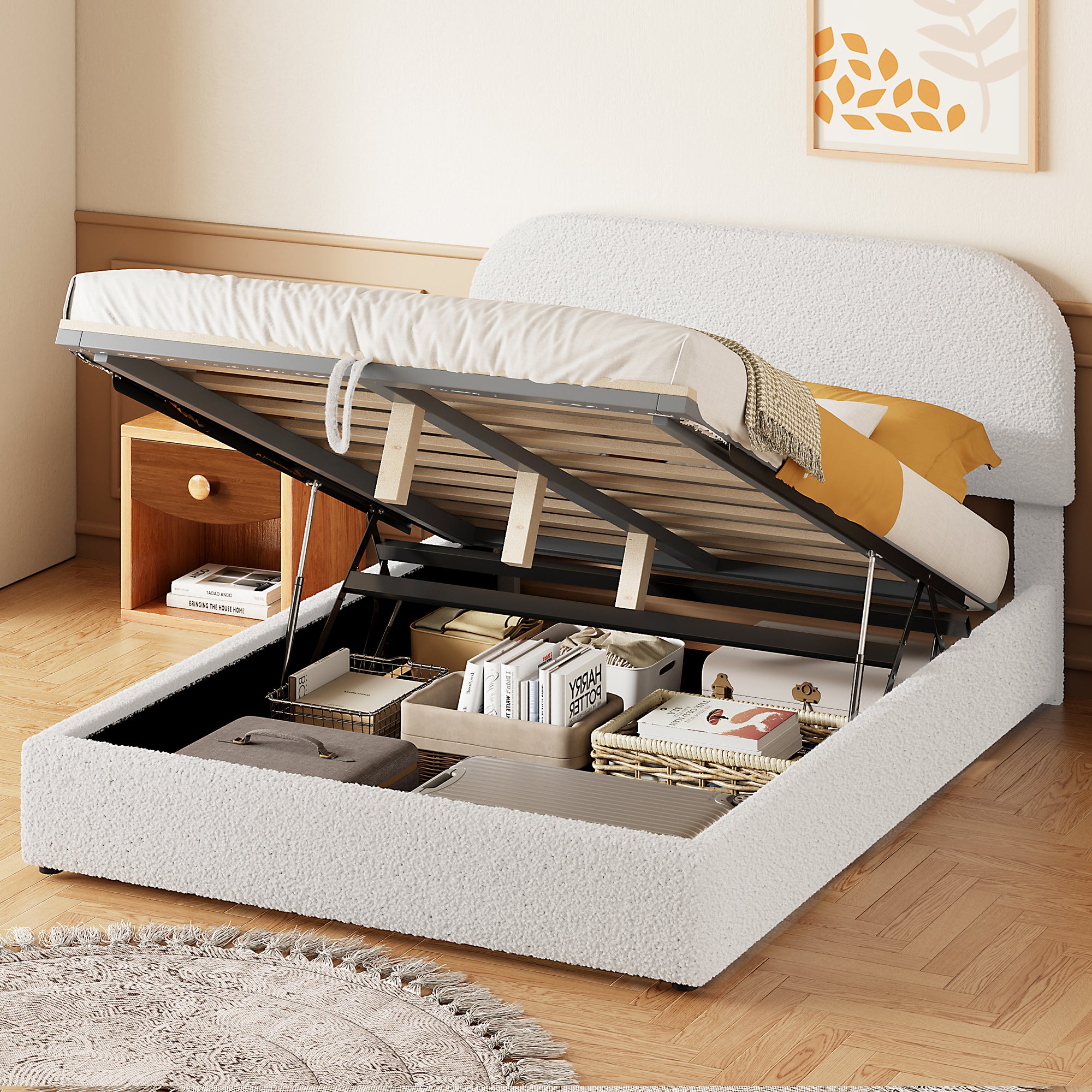 Teddy Fleece Full Size Upholstered Platform Bed With Hydraulic Storage System, White Full White Teddy