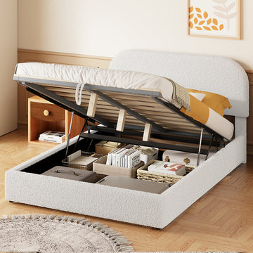 Teddy Fleece Full Size Upholstered Platform Bed With Hydraulic Storage System, White Full White Teddy