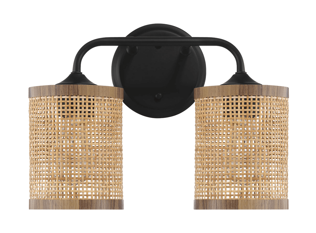 Quell Double Light Vanity With Natural Rattan Shade Wall Lamp Black,Rattan Metal,Rattan