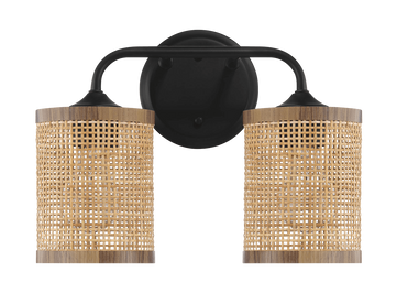 Quell Double Light Vanity With Natural Rattan Shade Wall Lamp Black,Rattan Metal,Rattan