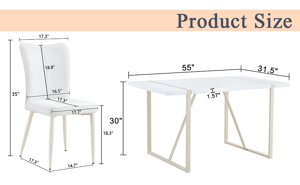 55"X31.5"Cream Style White Mdf Dining Table Set With 4 Armless Chairs.Mdf Tabletop And Metal Legs.The Backrest Of The Dining Chair Has A Vertical Line Design.Adding A Warm Atmosphere To Your Family.