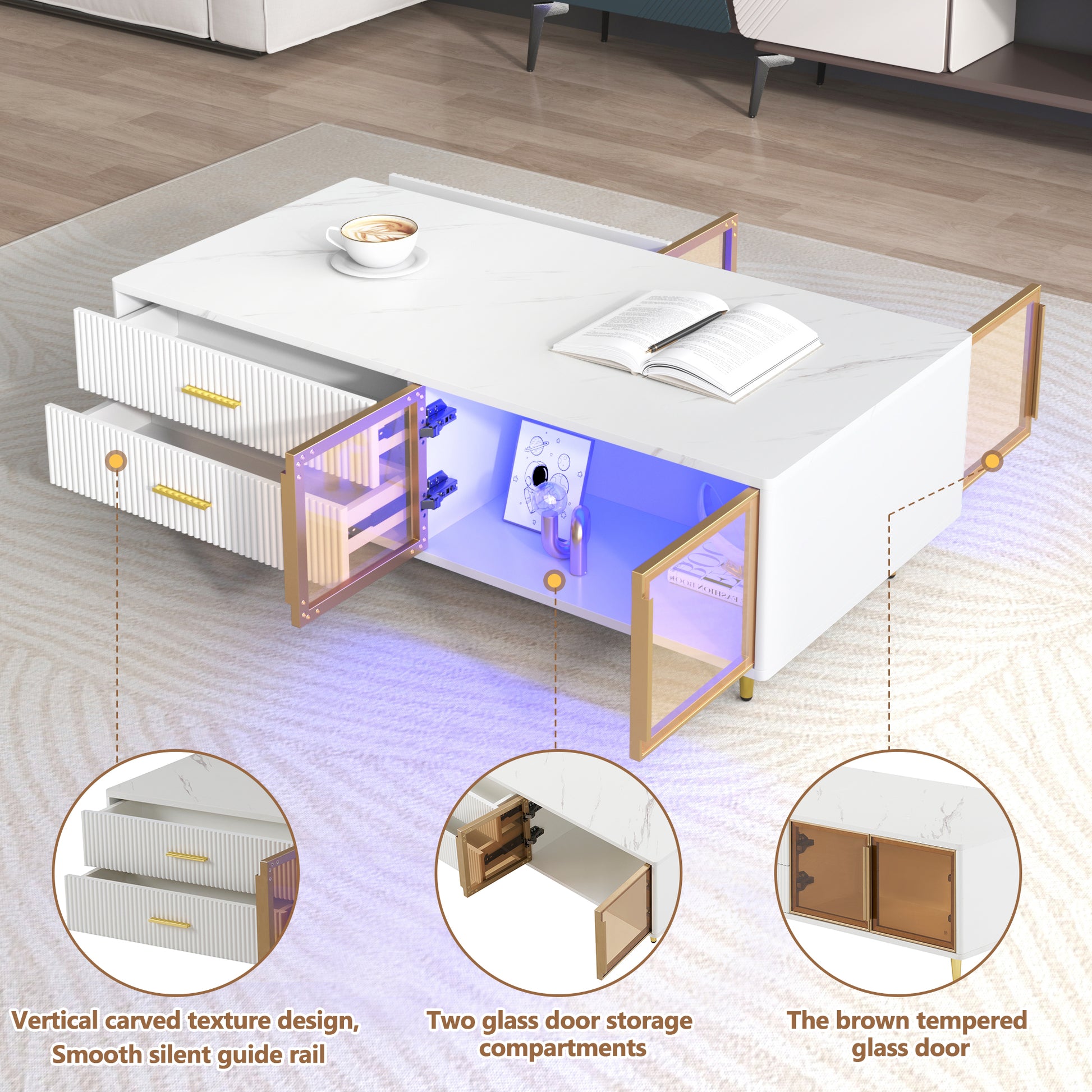 Modern White Coffee Table With 2 Glass Door Storage, 4 Drawers, Gold Metal Legs, And Multi Color Lighting In 47.2'' White Drawers Mdf