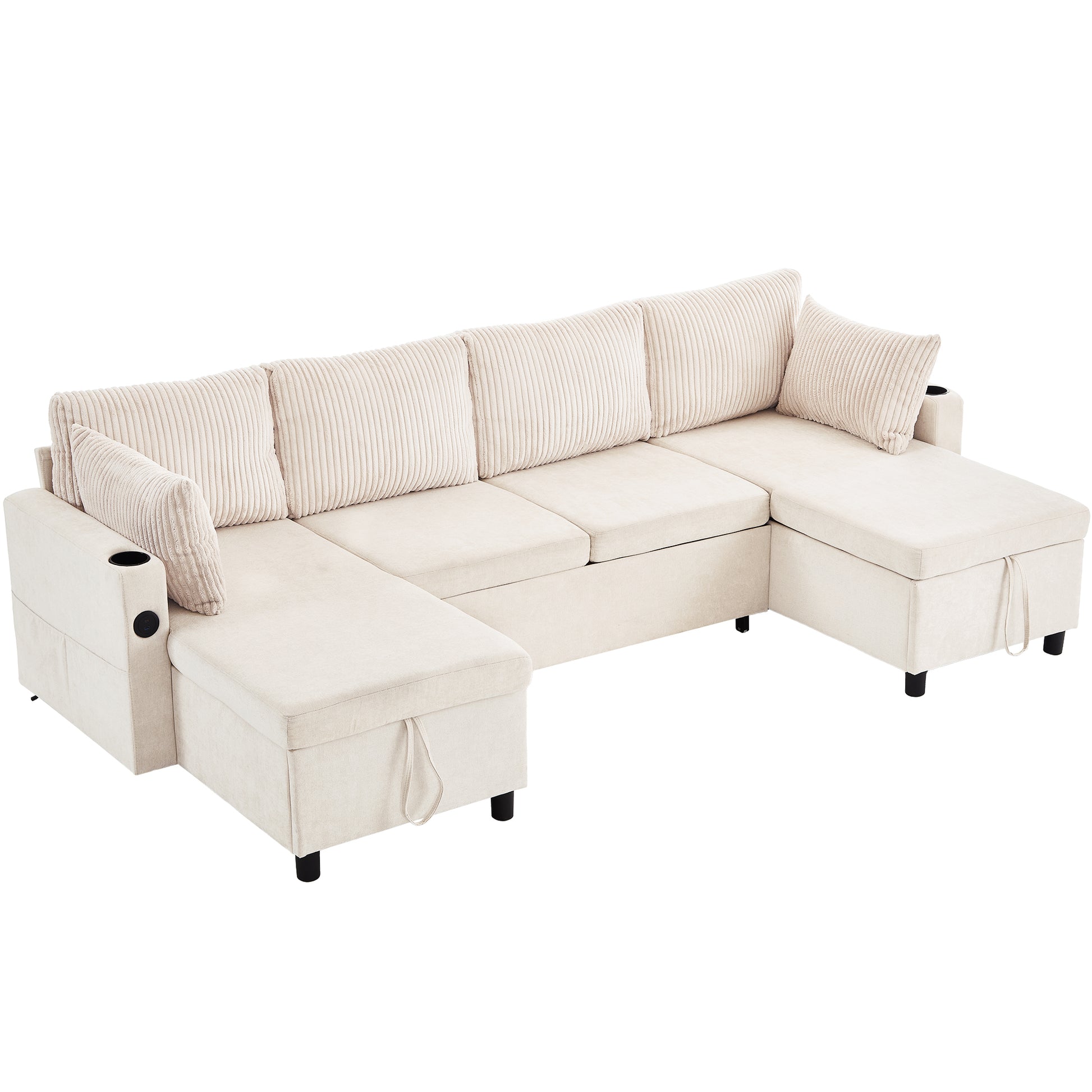 111.8" Sectional Sofa Pull Out Sofa Bed Versatile Sofa Sleeper With Large Storage Space, Two Usb Ports And Two Cup Holders For Living Room, Beige Beige Foam Chenille 4 Seat