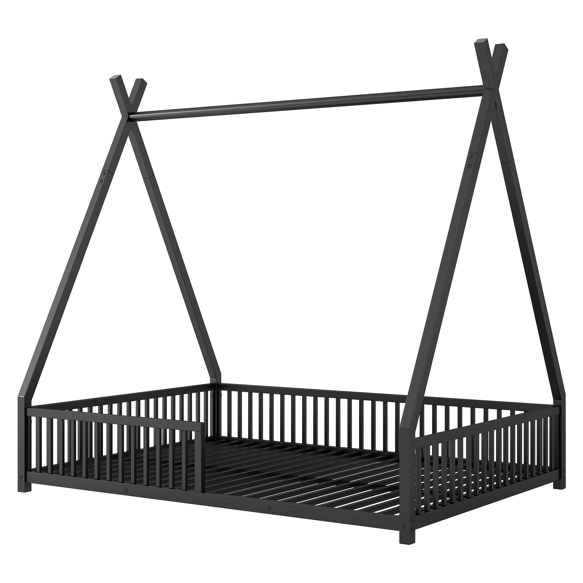 Metal Full Size House Platform Bed With Triangle Structure And Guardrail, Black Expected Arrival Time: 9.7 Box Spring Not Required Full Black Metal Metal