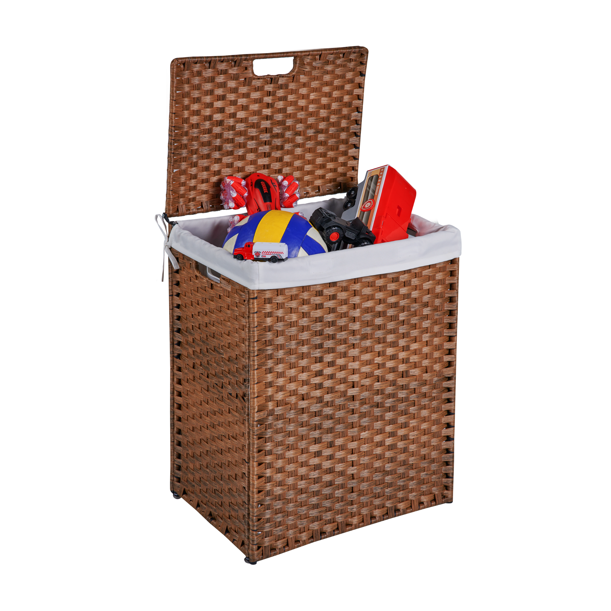 Laundry Hamper With Lid Pe Rattan Powder Coating Frame Clothes Hampers With 02 Removable Bags, 100L, Brown Color 1 Brown Foldable Bathroom American Design,American Traditional Wicker