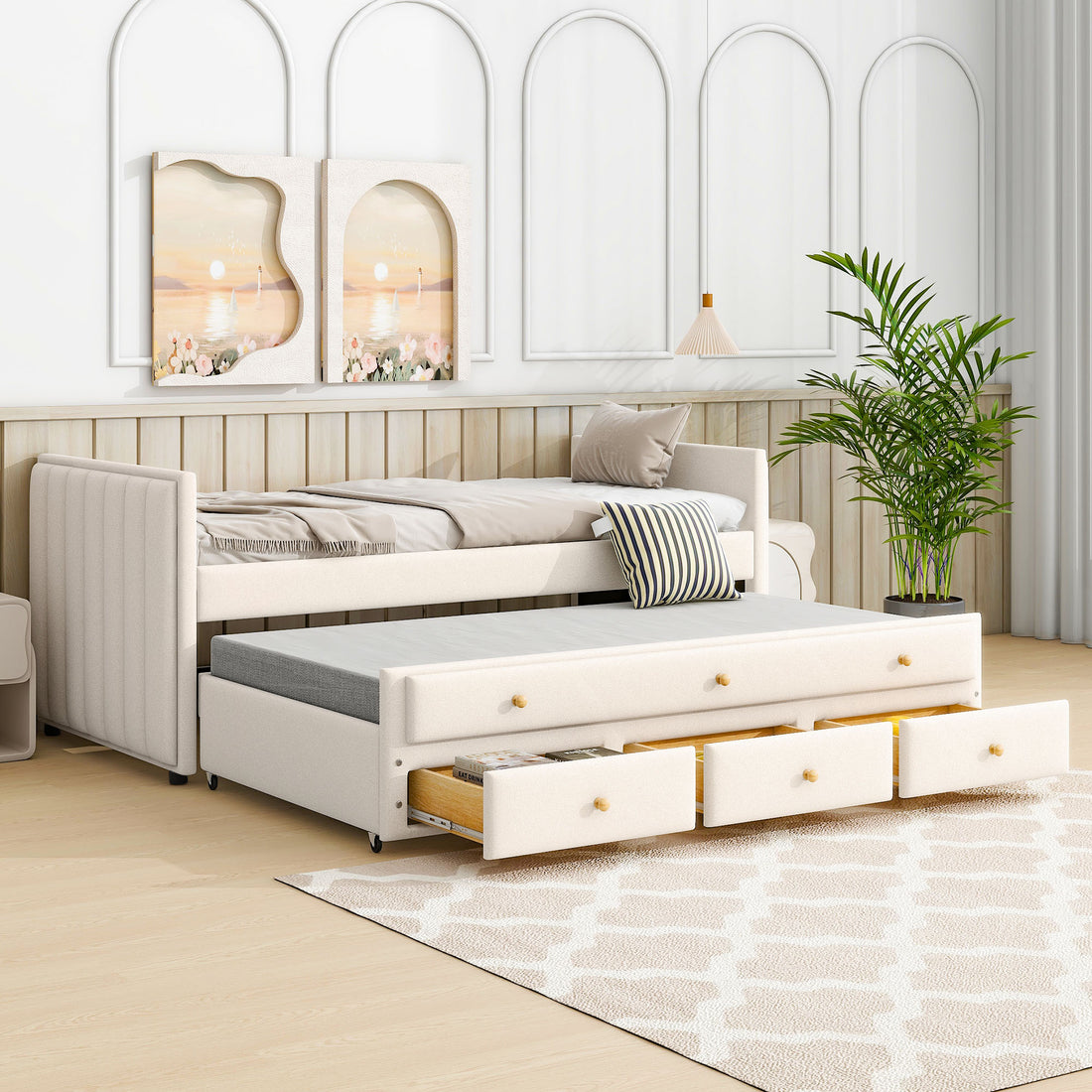 Twin Size Upholstered Daybed With Twin Size Trundle And Drawers, Velvet, Beige Box Spring Not Required Twin Beige Velvet