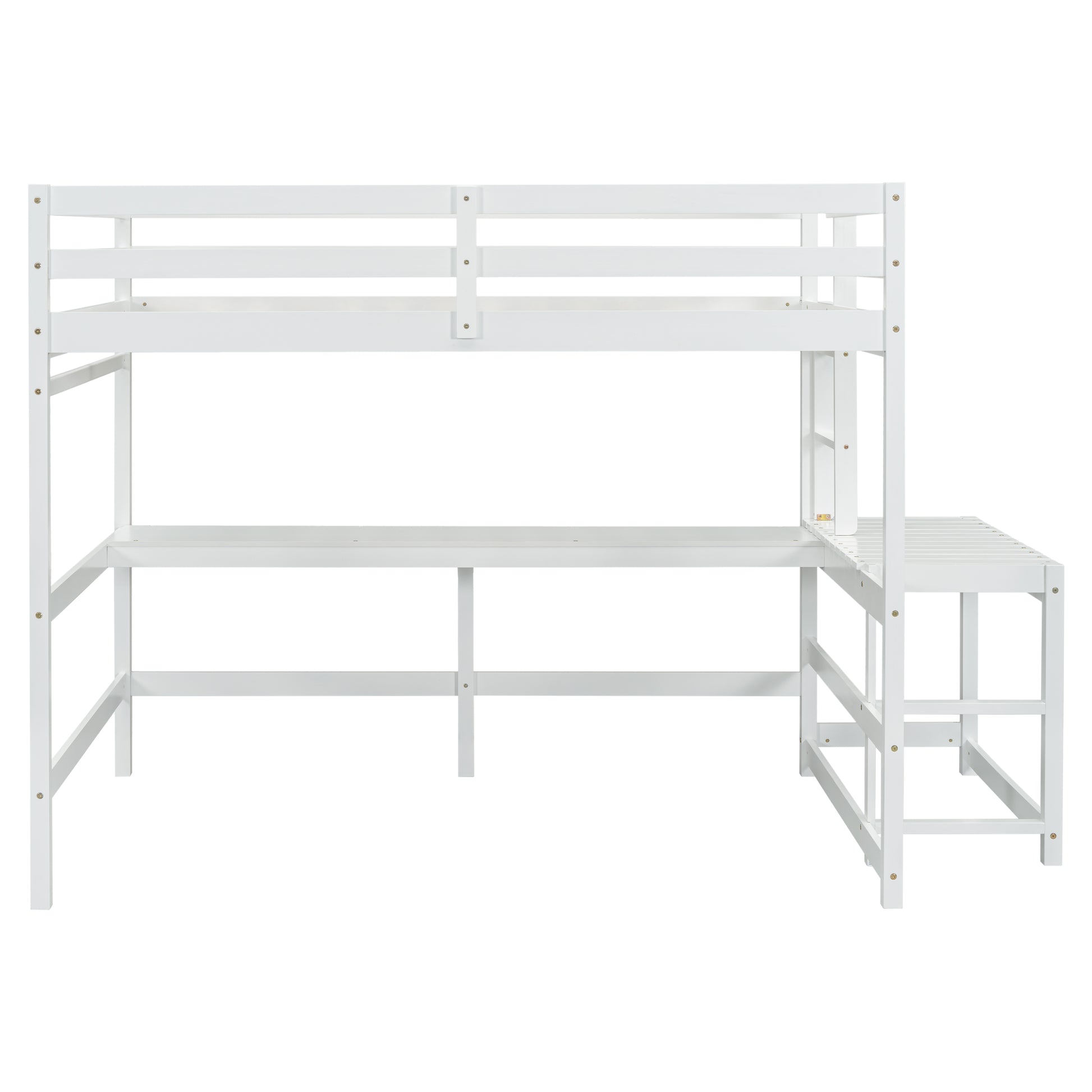 Full Loft Bed With Built In Desk, Ladder Platform, Ladders, Guardrails,White Full White Bedroom American Design Pine