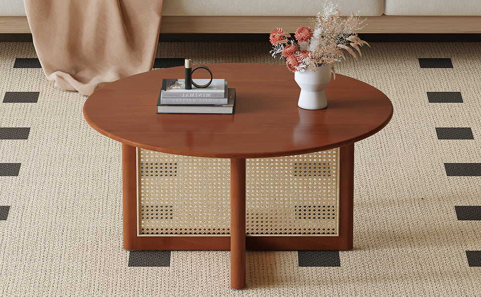 A Natural And Elegant Deep Red Wooden Coffee Table With Artificial Rattan Decorations, Perfect For A Fashionable Living Room And Comfortable Tea Drinking Time Red Wood