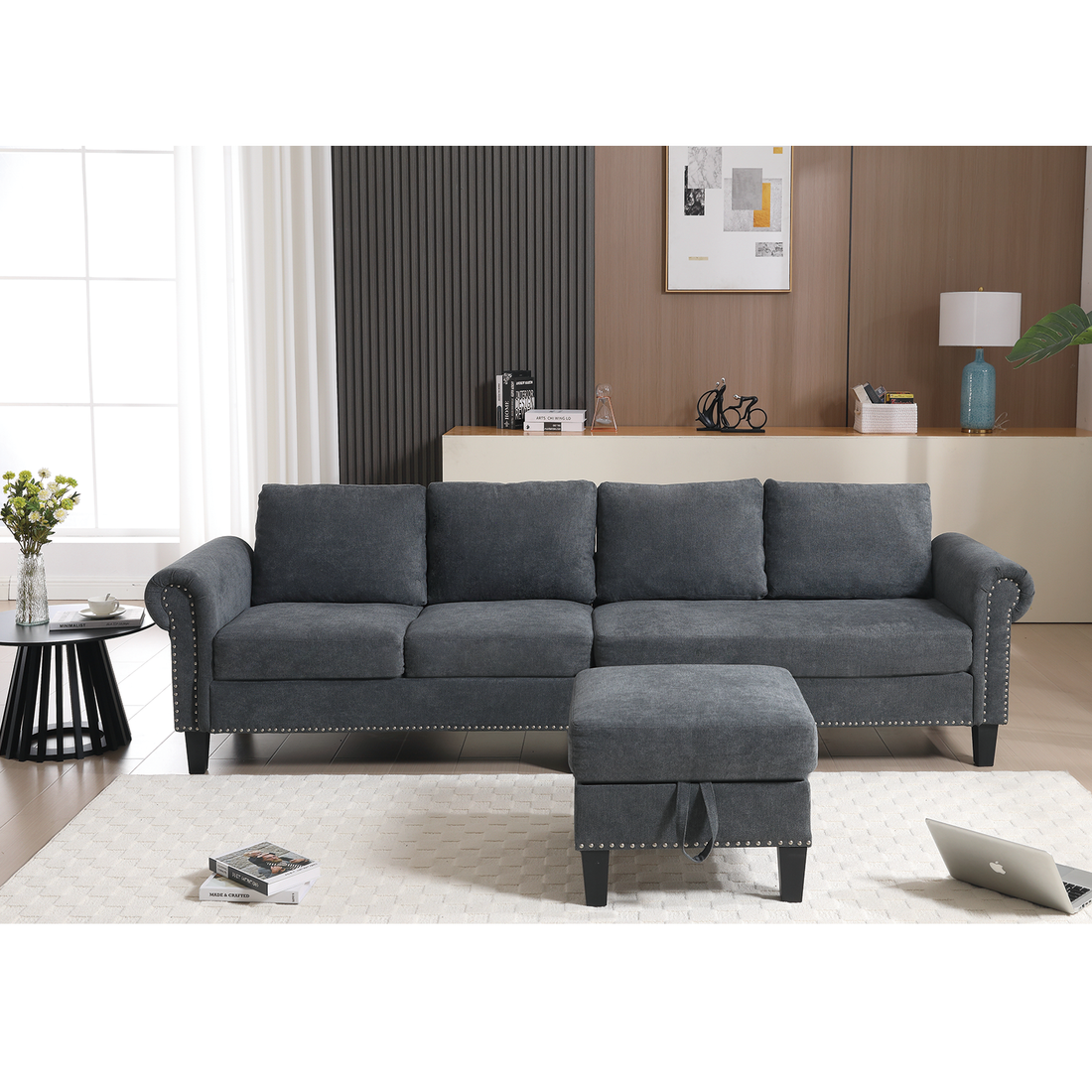 Arrived Convertible Sectional Sofa With Storage,L Shaped Sofa,Four Seater Sofa,Modern Linen Fabric Sectional Couches For Living Room,Gray Gray Polyester Wood Primary Living Space Medium Soft Cushion Back Modern Rolled Arms Wood 4 Seat