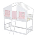 Twin Over Twin House Bunk Bed With Roofwindow, Window Box, Doorwith Safety Guardrails And Ladder, Pink White Twin Pink White Pine