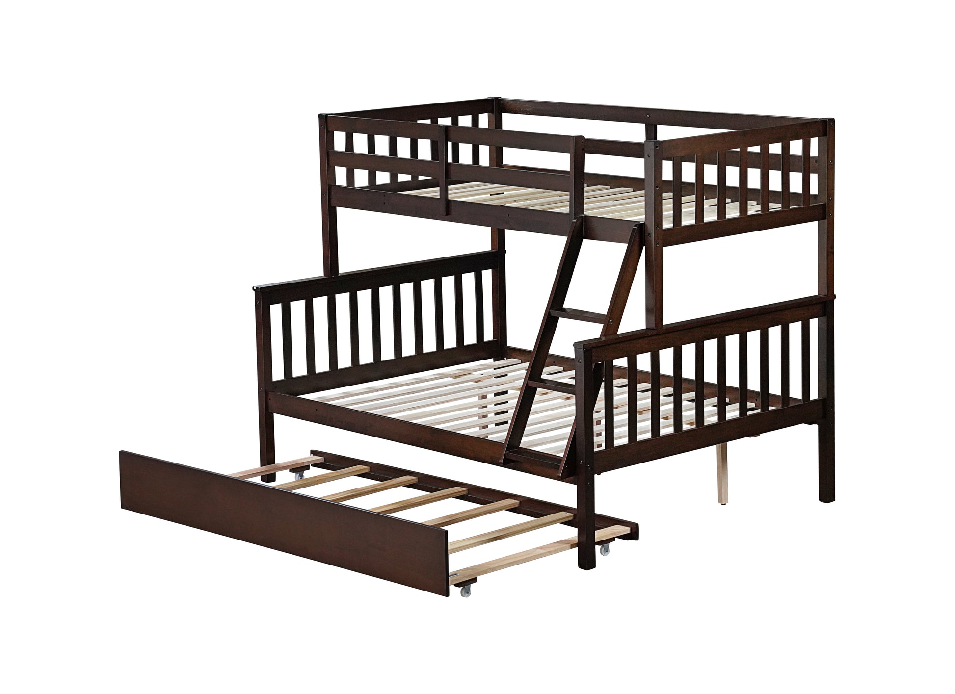 Twin Over Full Rubber Wood Bunk Bed With Trundle, Convertible Ladder And Guardrail, Detachable, Convertible Bed, With Twin Size Trundle ,Espresso Twin Espresso Rubber Wood