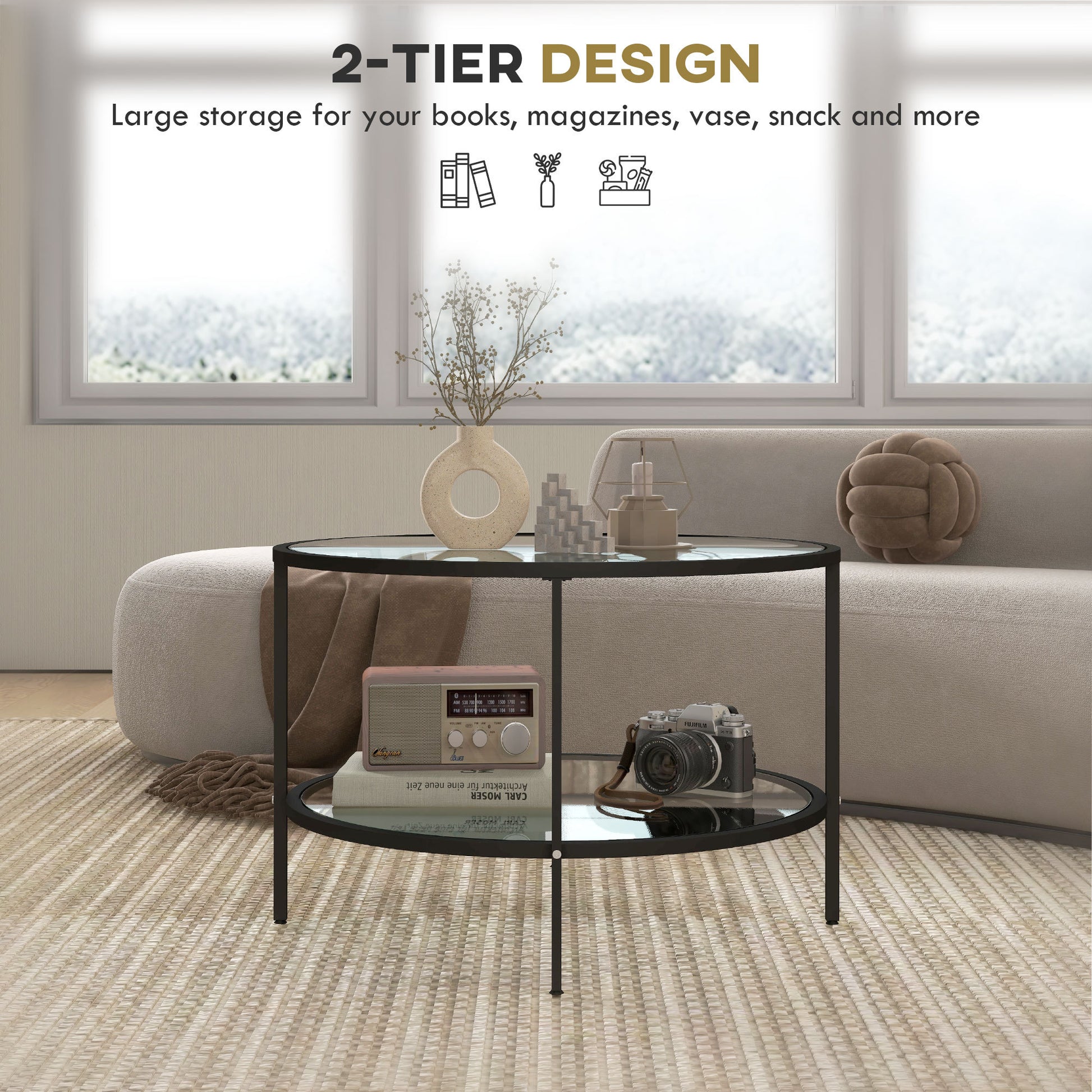 Homcom Side Table With Storage, 26" Round End Table, 2 Tier Tempered Glass Coffee Table With Steel Frame For Living Room, Black Black Glass Metal