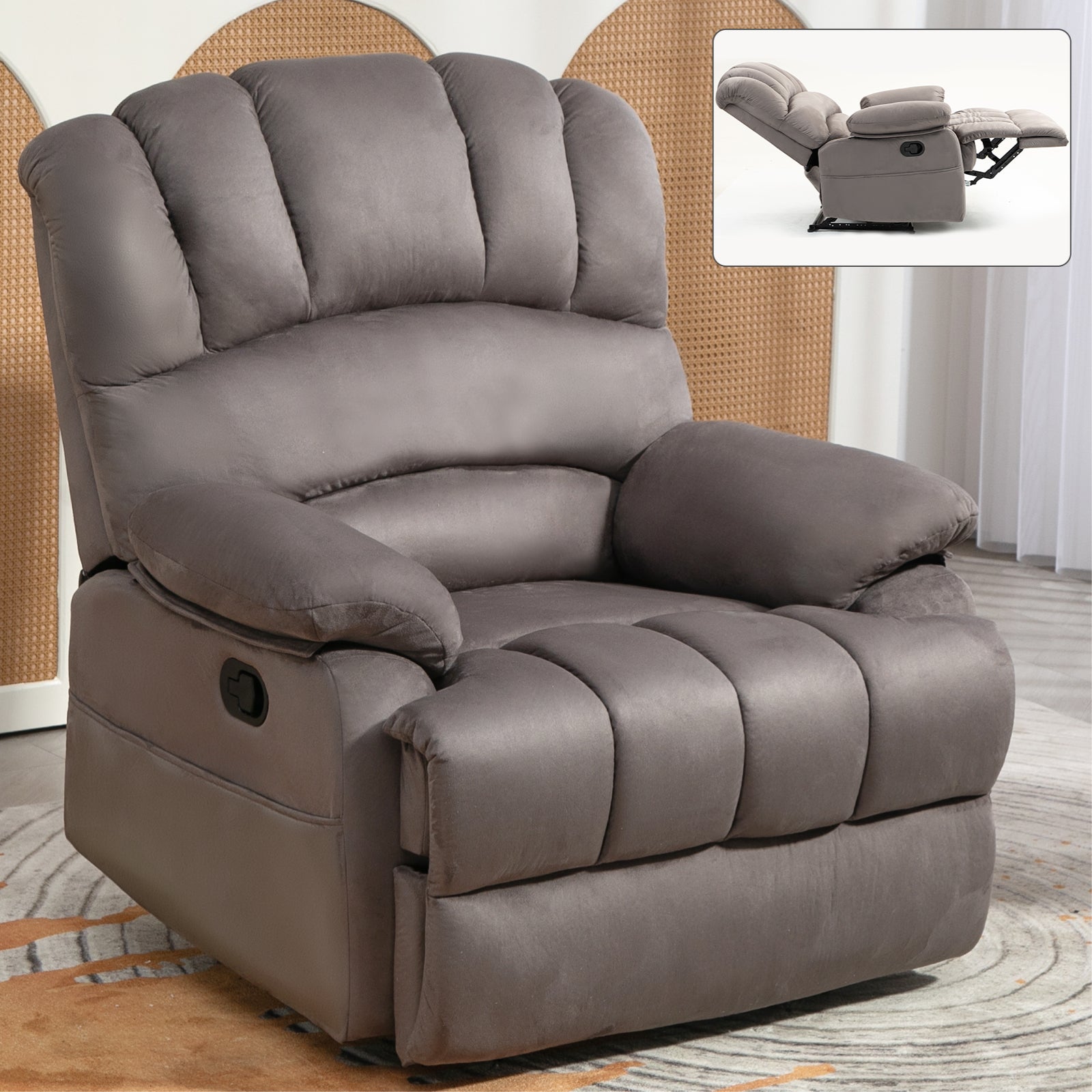 Large Manual Recliner Chair In Fabric For Living Room, Grey Grey Suede Manual Handle Metal Primary Living Space Medium Firm Cushion Back Heavy Duty American Design Pine Pillow Top Arms Fiber Foam And Polyester Fiber Pad Fabric