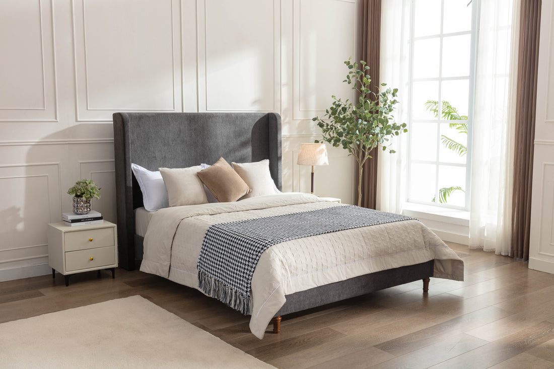 Same As B083P152031 Harper Tall Headboard Upholstered Bed 54" High Headboard Elegant Simplicity No Box Spring Needed Easy Assembly Queen Dark Gray Velvet Box Spring Not Required Queen Dark Gray Metal Brown Bedroom Contemporary Oak Bed Frame Foam Velvet