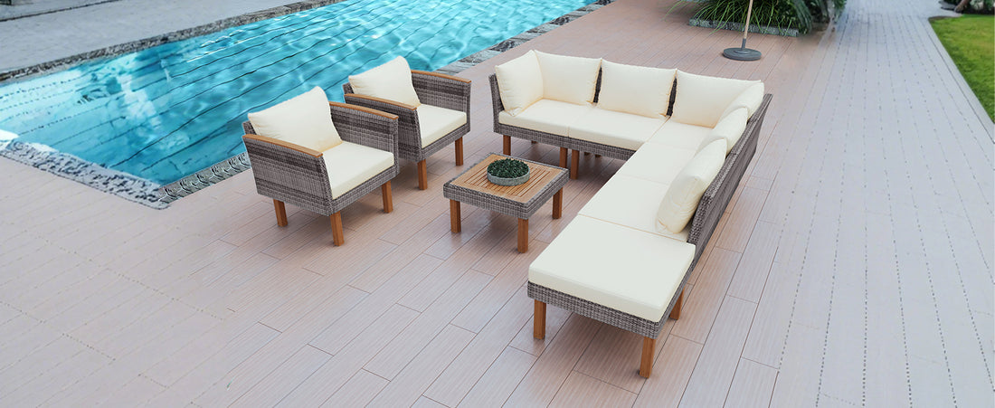 9 Piece Patio Rattan Furniture Set, Outdoor Conversation Set With Acacia Wood Legs And Tabletop, Pe Rattan Sectional Sofa Set With Coffee Table, Washable Cushion, Beige Yes Beige Garden & Outdoor Complete Patio Sets Foam Wicker