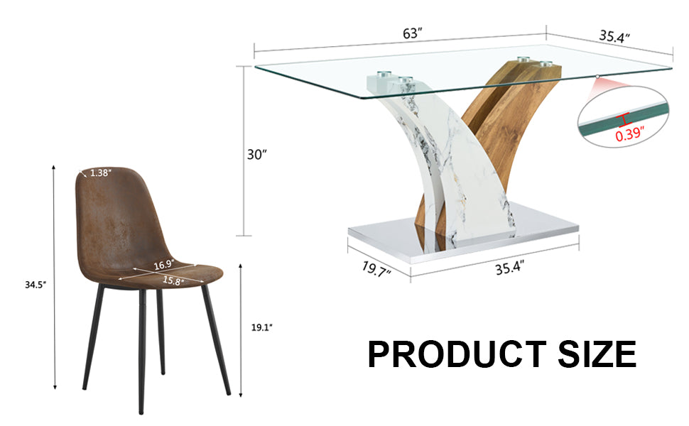 Table And Chair Set.Modern Dining Table, Tempered Glass Countertop With Artistic Mdf Legs.Paried With 4 Brown Chairs With Soft Linen Fabric Cushions And Black Metal Legs.Suitable For Various Styles. Black Brown,Transparent Seats 4 Mdf Metal