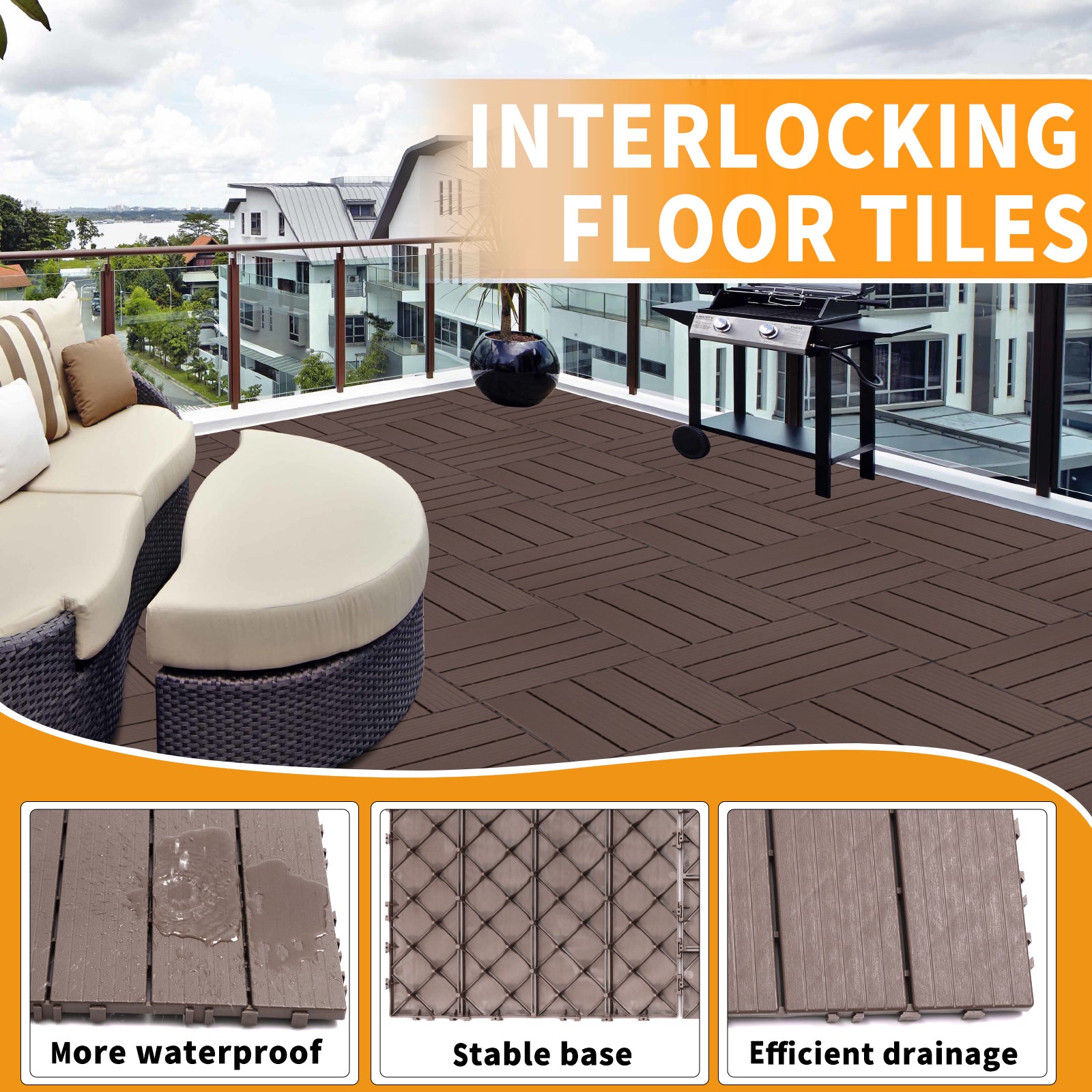 Plastic Interlocking Deck Tiles, 11.8"X11.8" Pack Of 44 , Patio Flooring Outdoor Waterproof All Weather Use For Garden Poolside Front Back Yard, Light Coffee Color Light Coffee Plastic