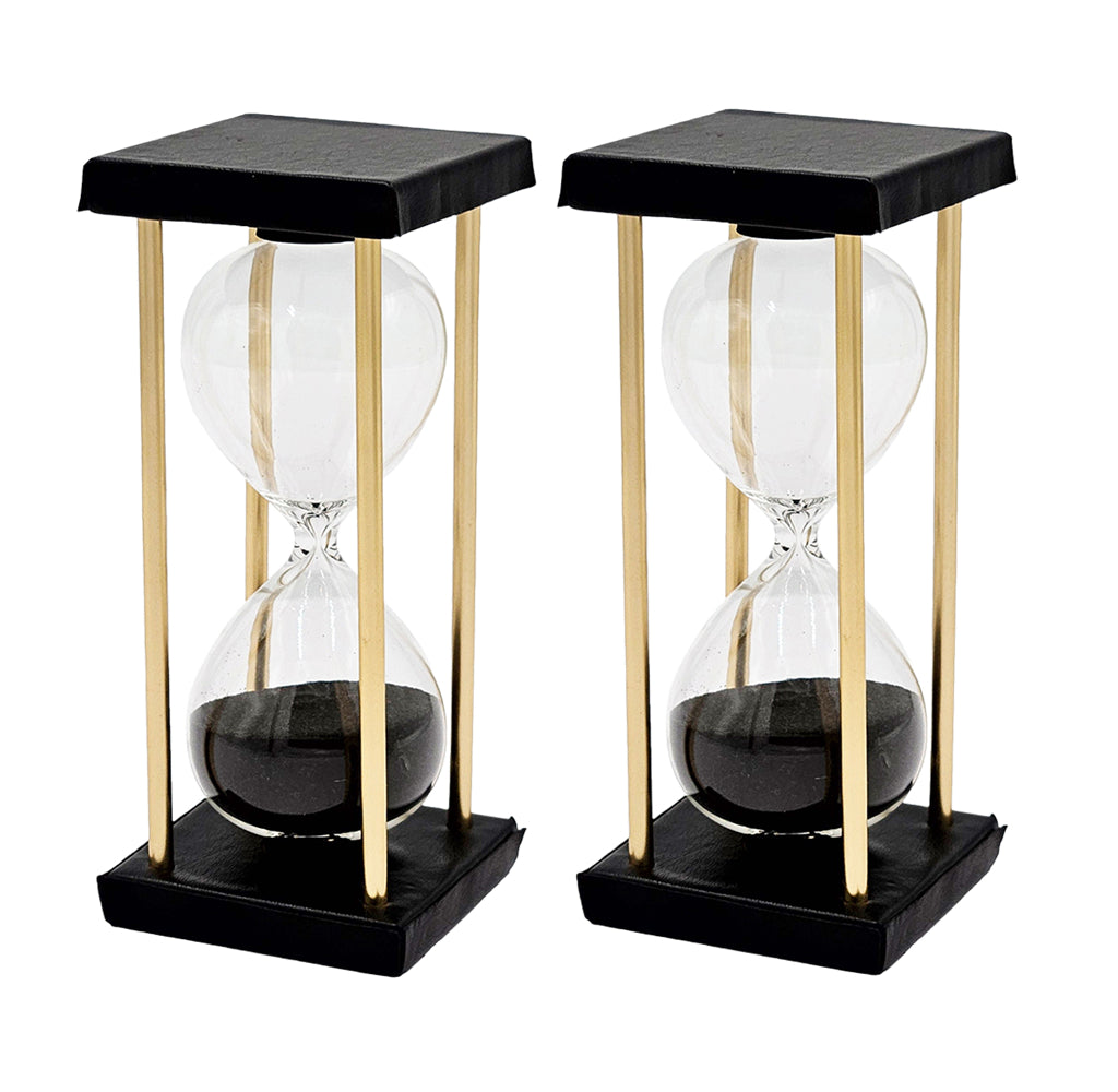 Set Of 2, 3X3X7" Stanley 15 Minute Hourglass, Framed With An Metal Stand, Black Black Glass Metal,Mdf,Pu Leather