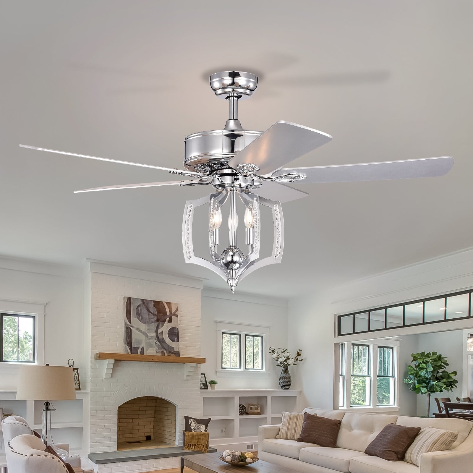 Ceiling Fans With Lights No Include Bulb And Remote 52 Inch Bedroom Ceiling Fan With Light Crystal Chandelier Fans, Reversible Motor, Timer, Polished Chrome Chrome American Design,Contemporary,Luxury,Vintage Crystal Iron