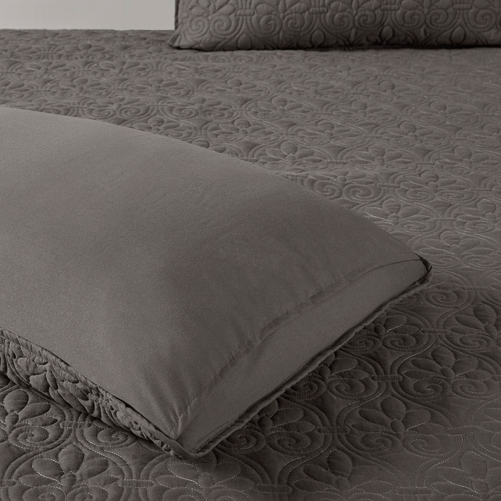 3 Piece Split Corner Pleated Quilted Bedspread Dark Grey King Dark Grey Polyester