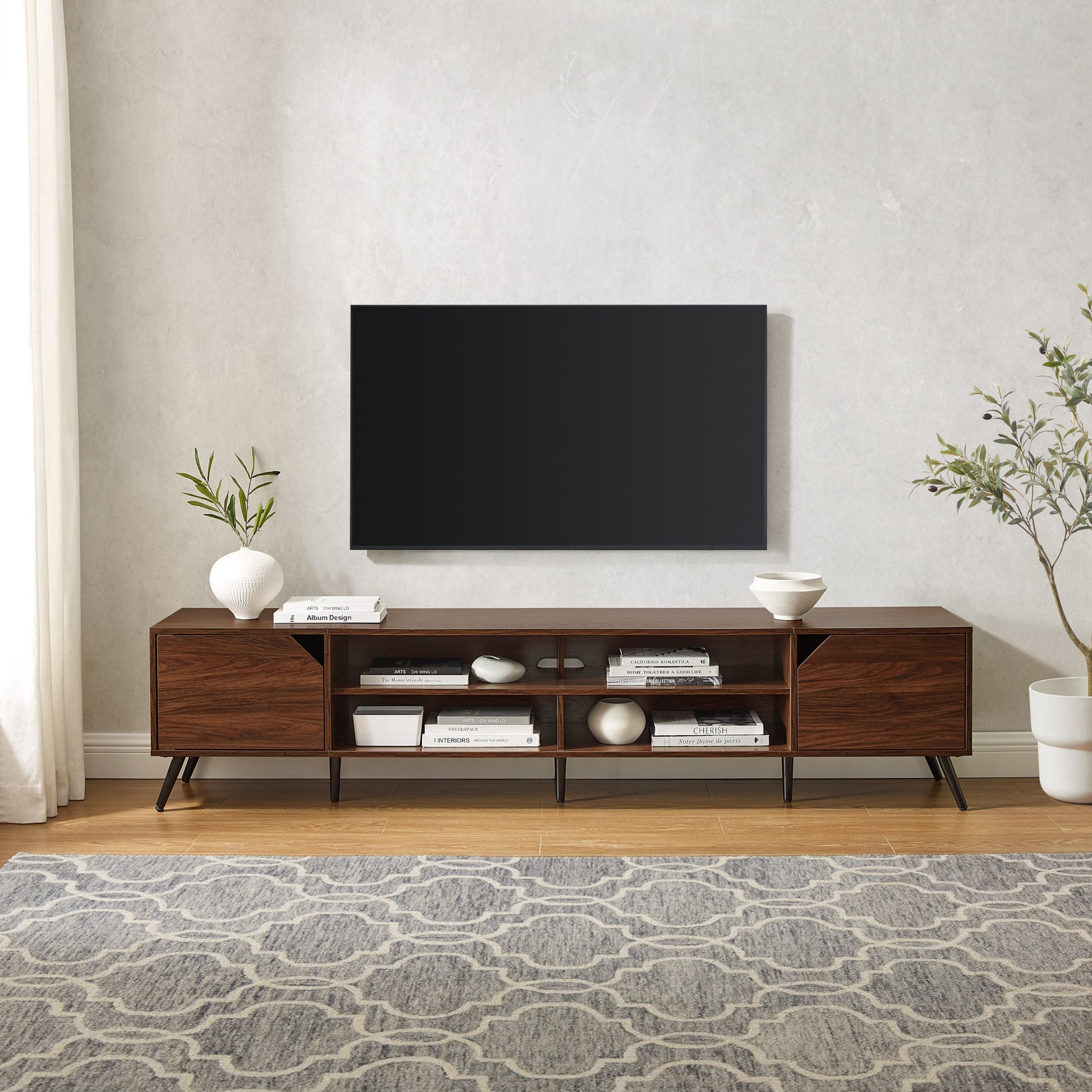 Contemporary 2 Door Minimalist Tv Stand For Tvs Up To 90 Inches Dark Walnut Dark Brown 90 Inches Or Larger Mdf Mdf