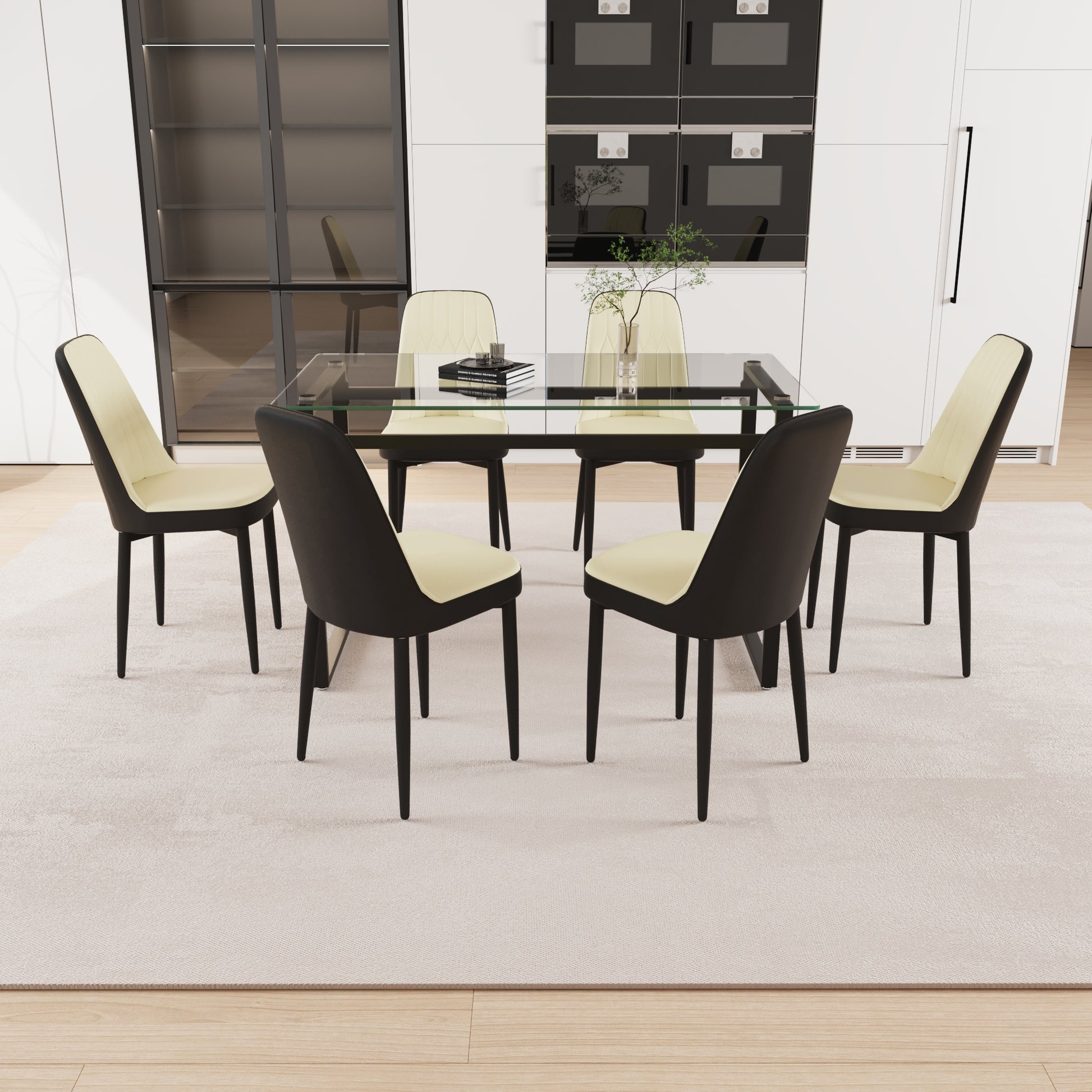 51" 6 Person Glass Dining Table Set, Kitchen Set With Black Metal Leg Dining Table And Chairs, Modern Rectangular Tempered Glass Tabletop And Dining Room Thick Cushioned Pu Dining Chairs Beige Black